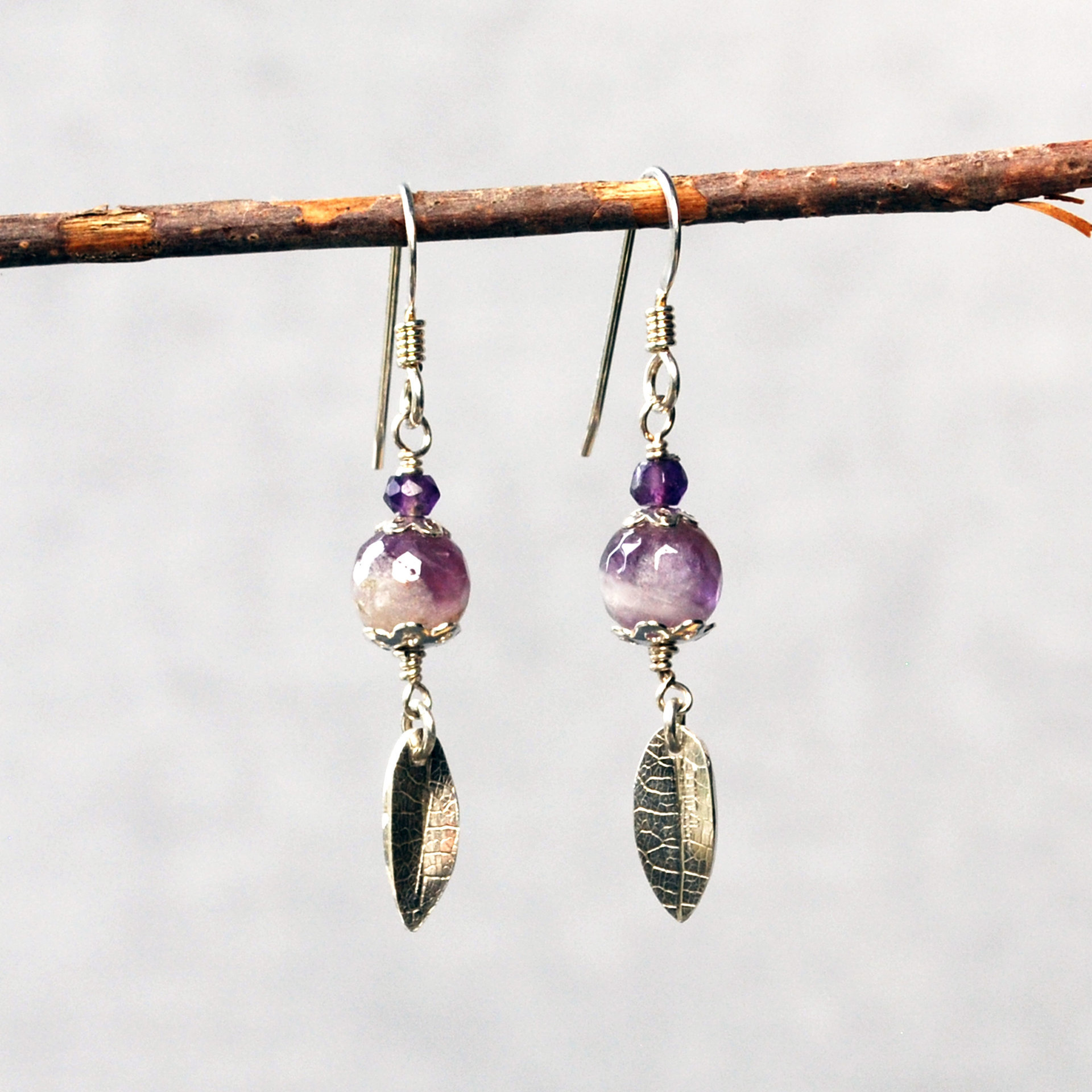 Amethyst Bead Earrings with Silver Leaves