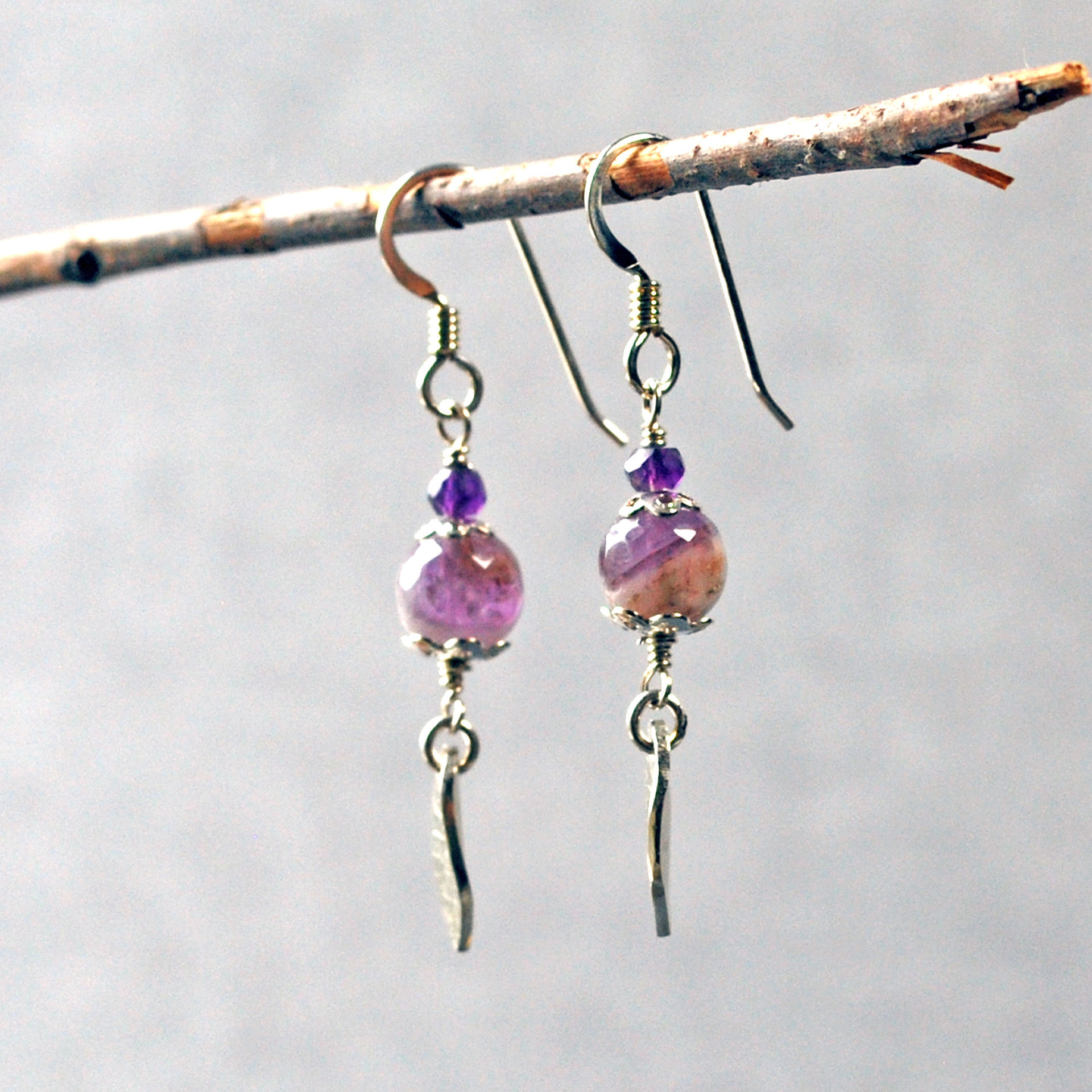 Amethyst Bead Earrings with Silver Leaves