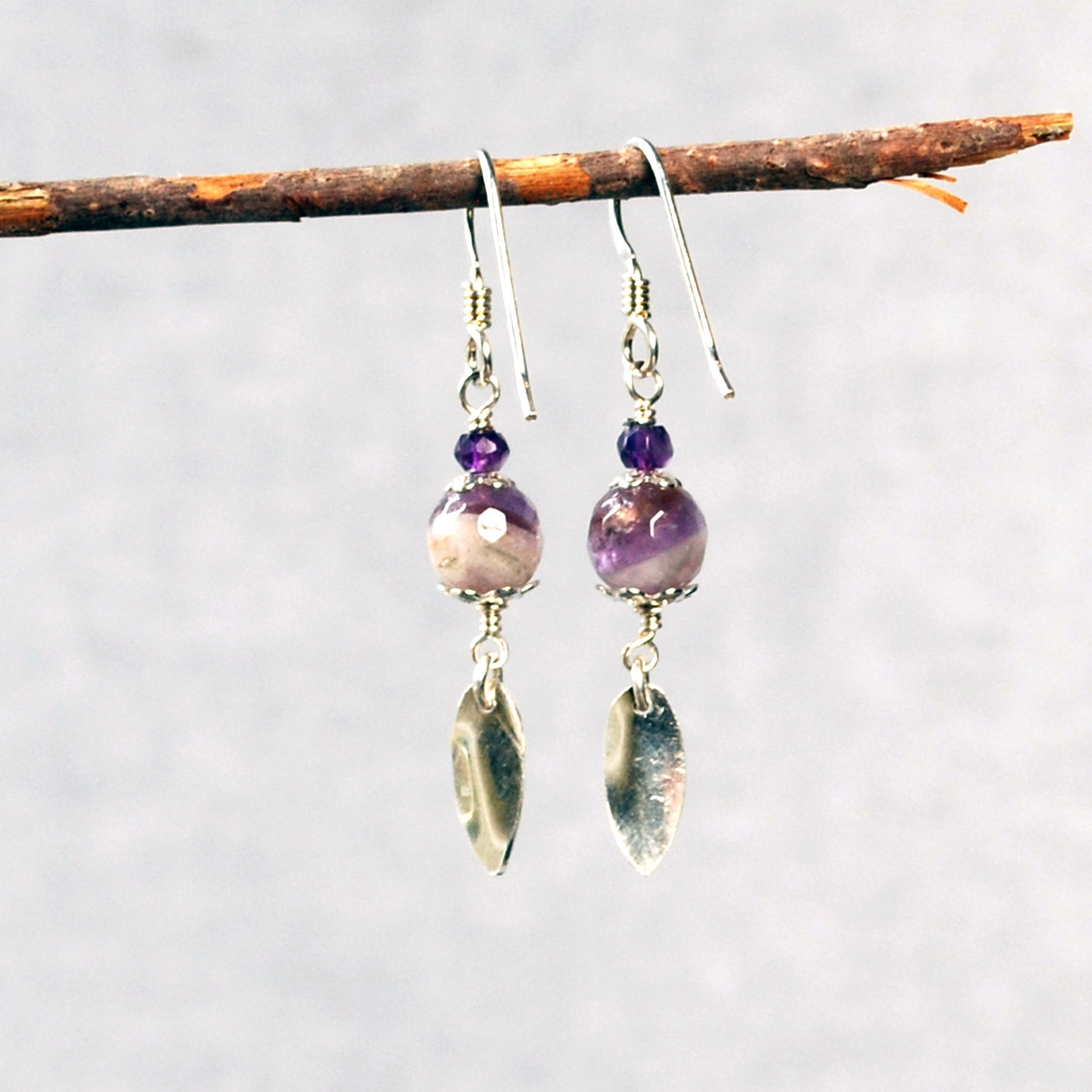 Amethyst Bead Earrings with Silver Leaves