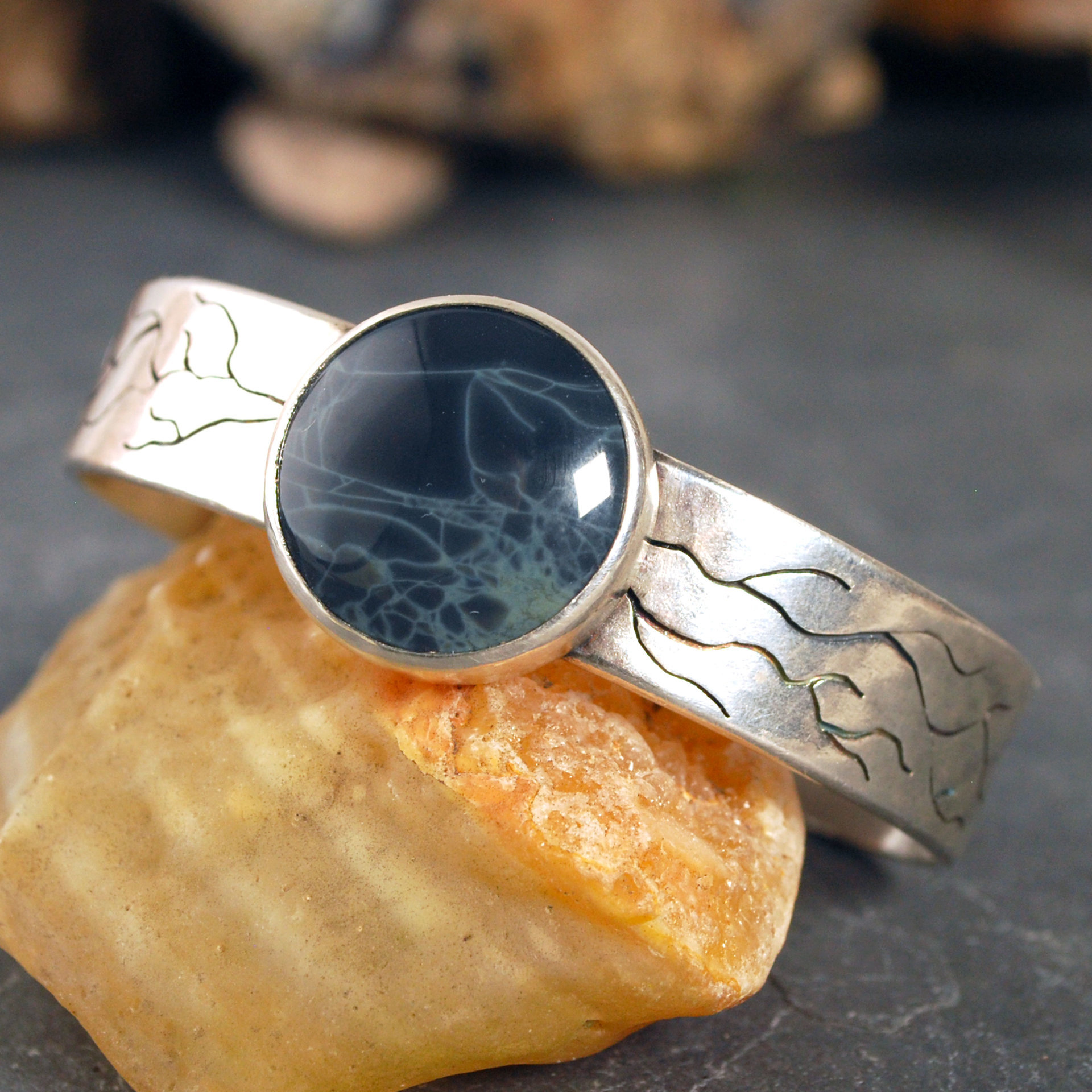 Silver Cuff Bracelet with Spiderweb Obsidian