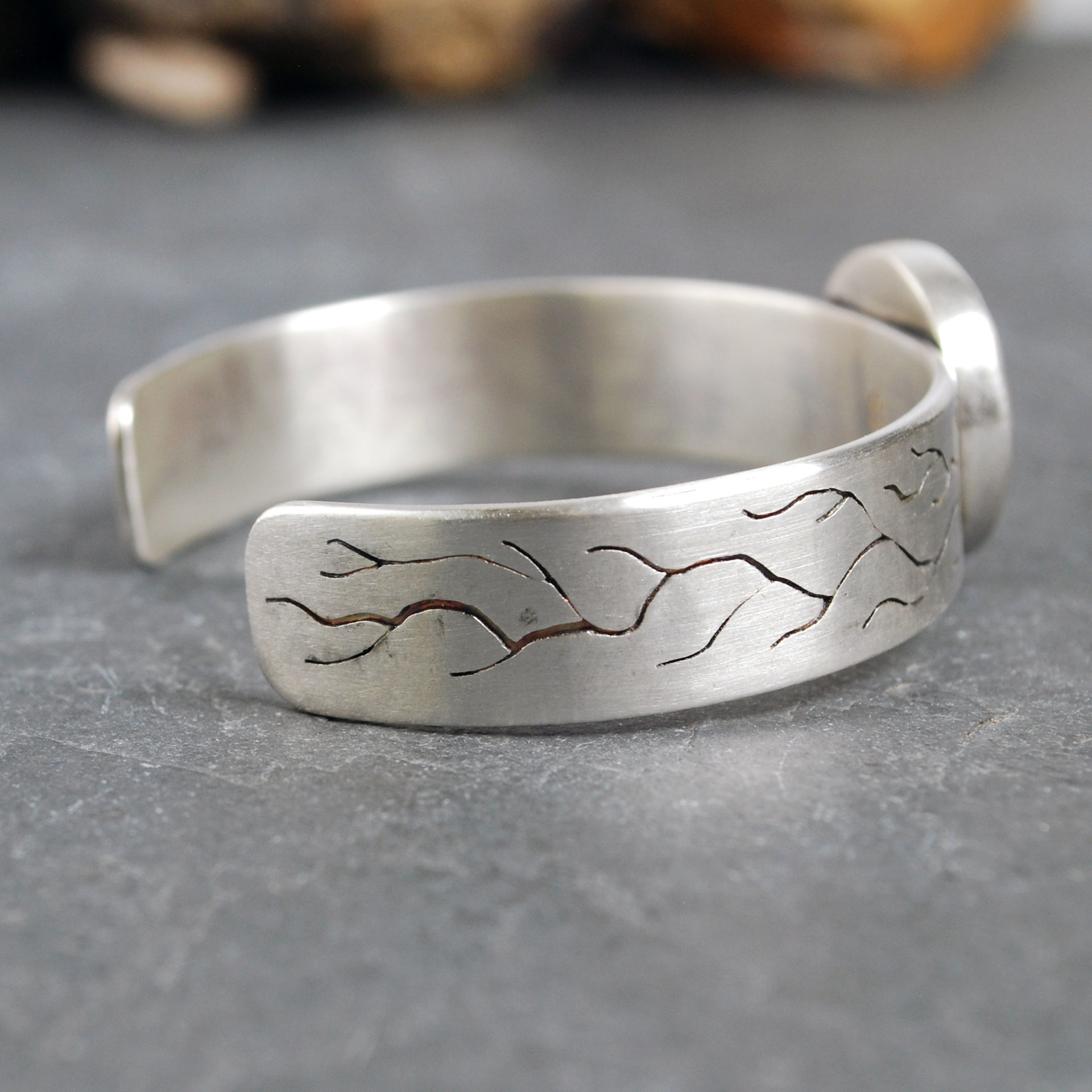 Silver Cuff Bracelet with Spiderweb Obsidian