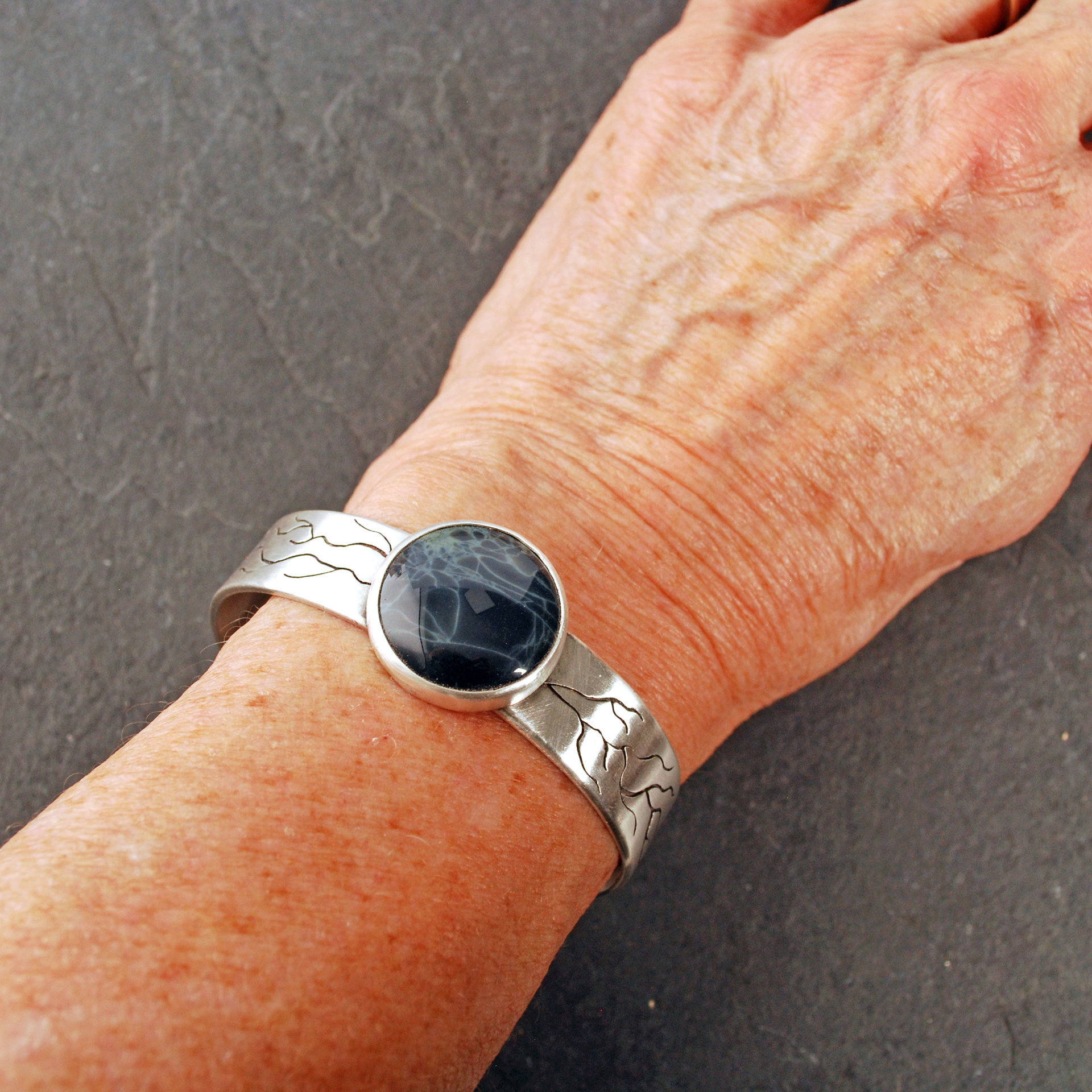 Silver Cuff Bracelet with Spiderweb Obsidian
