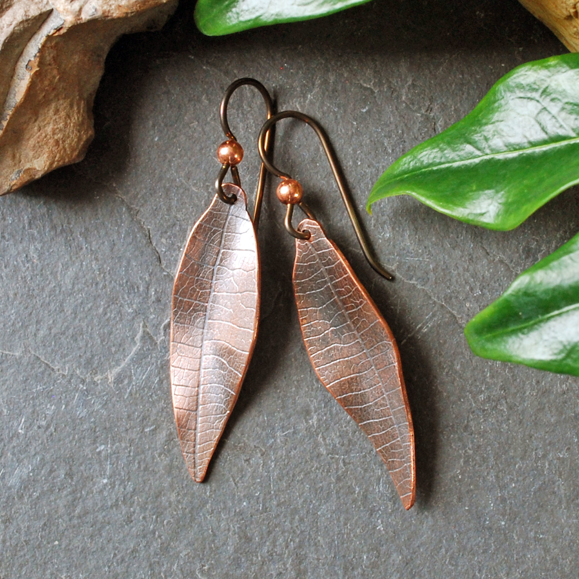 Copper Textured Leaf Earrings