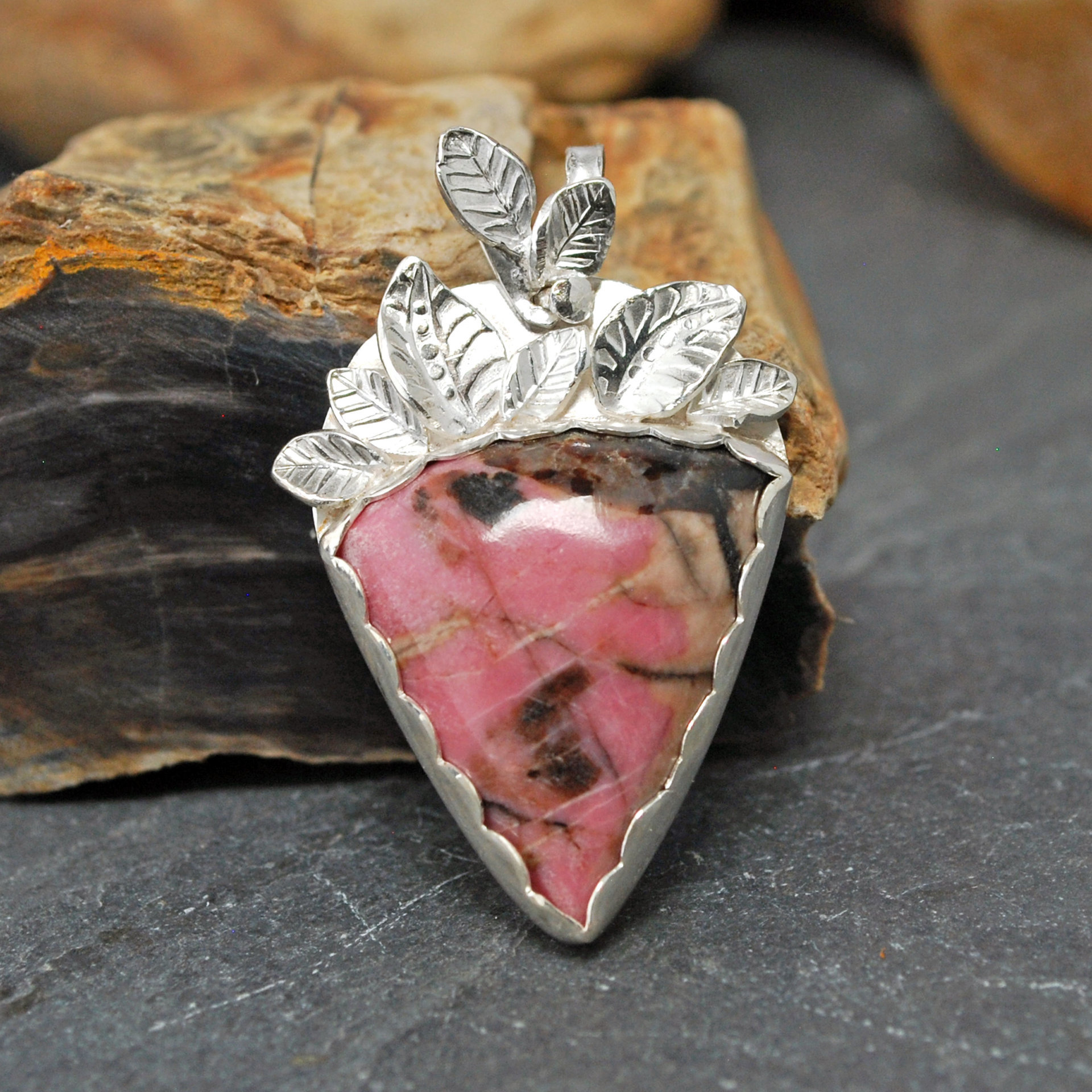 Pink Rhodonite Pendant with Silver Leaves