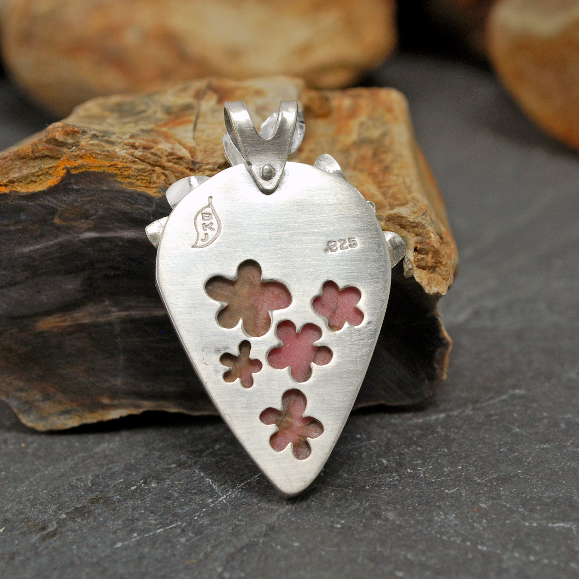 Pink Rhodonite Pendant with Silver Leaves