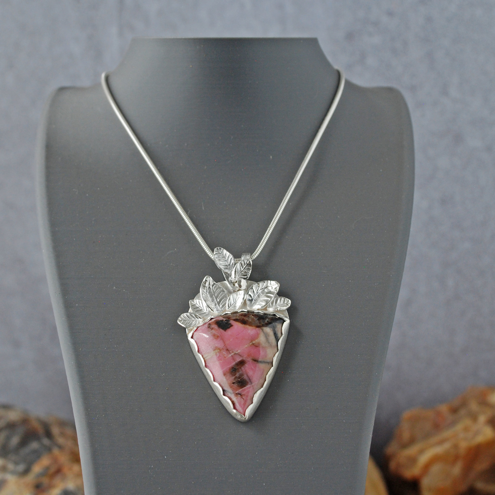 Pink Rhodonite Pendant with Silver Leaves