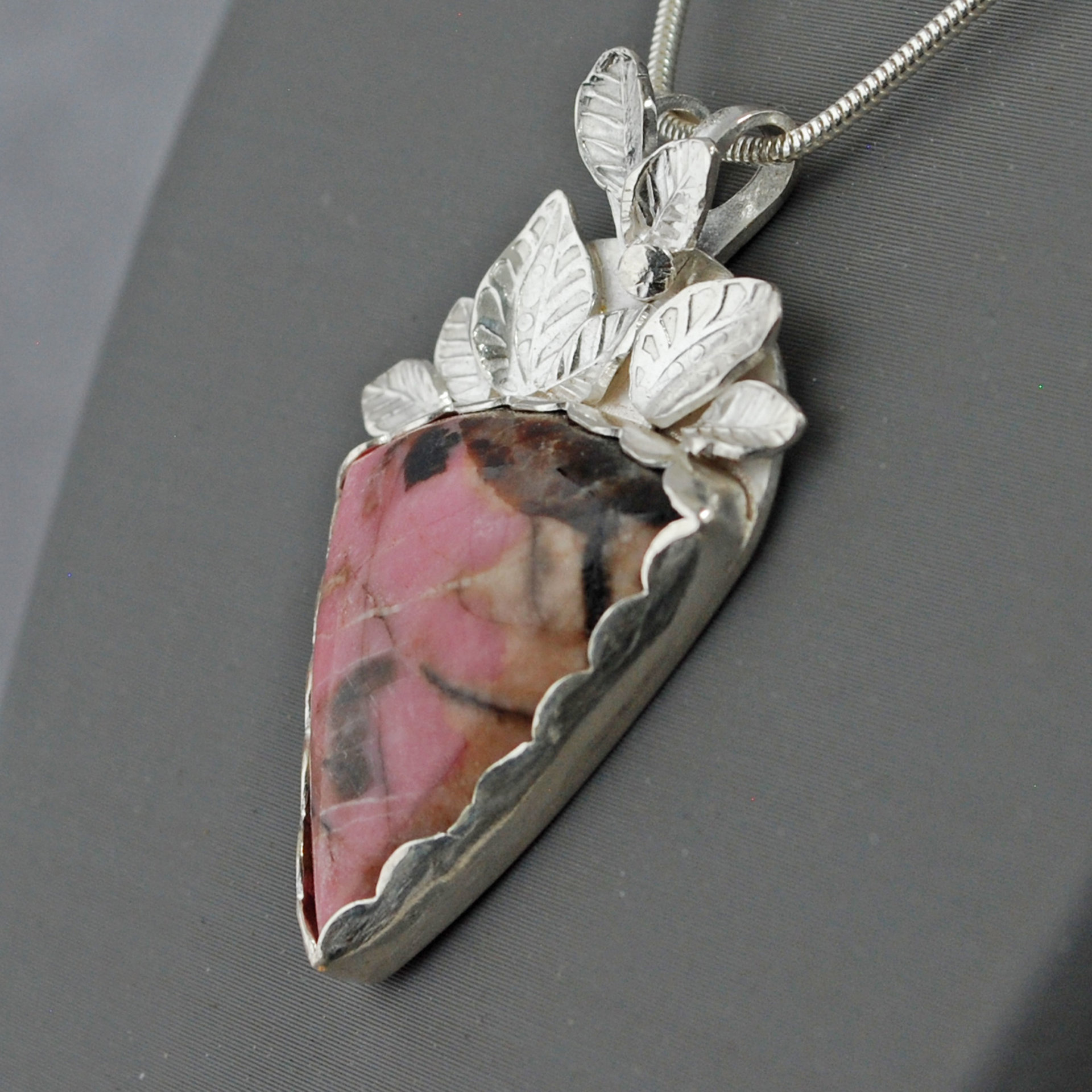 Pink Rhodonite Pendant with Silver Leaves