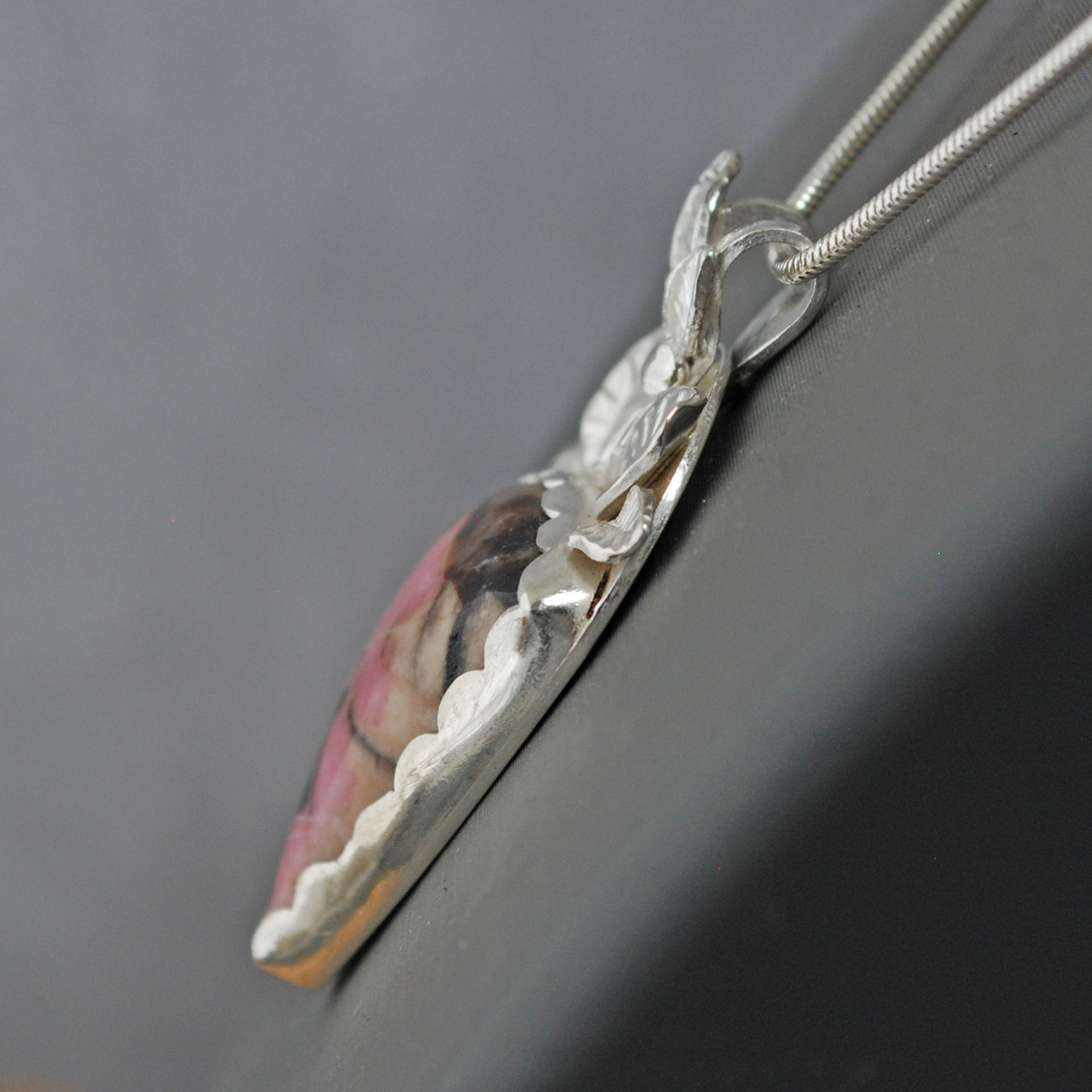 Pink Rhodonite Pendant with Silver Leaves