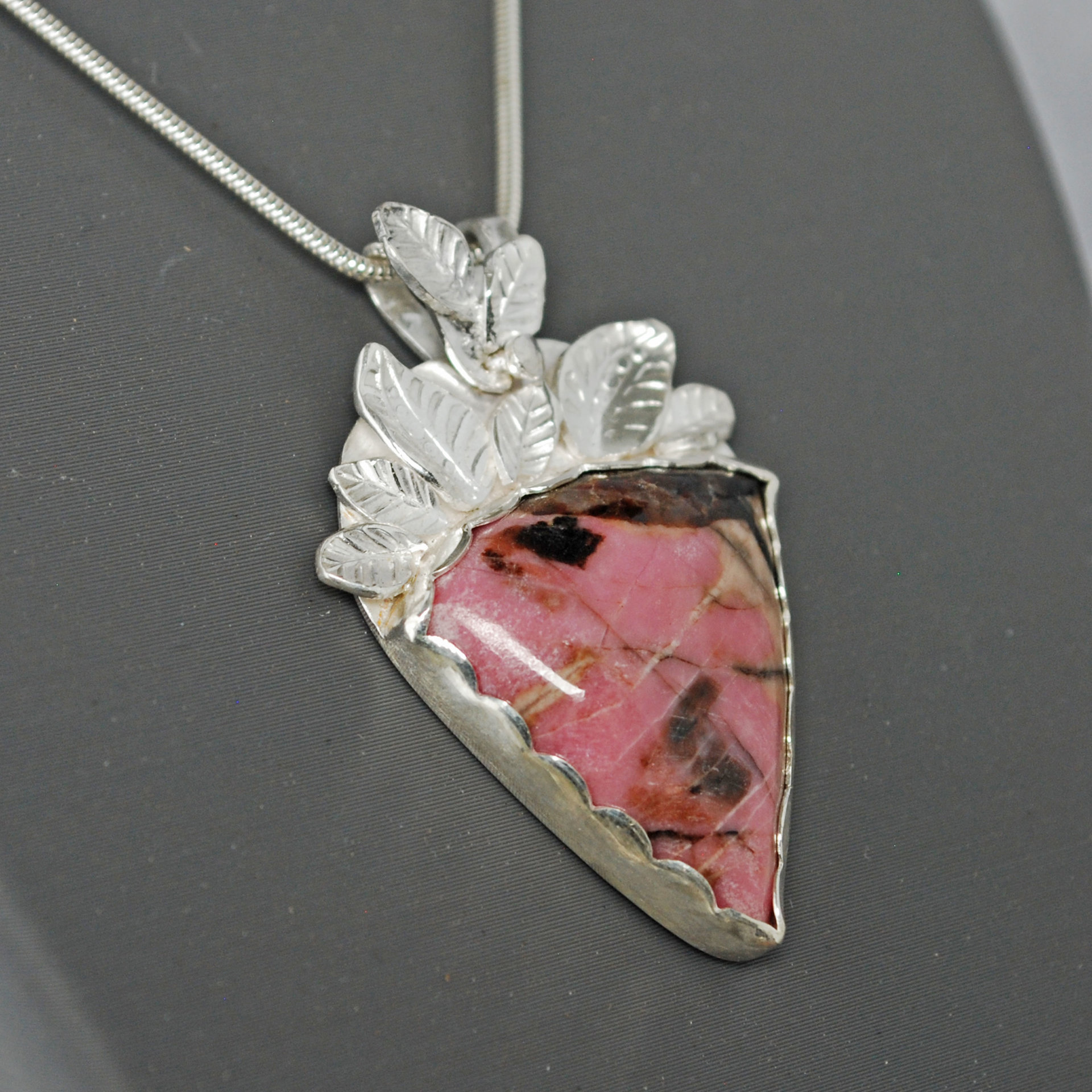 Pink Rhodonite Pendant with Silver Leaves