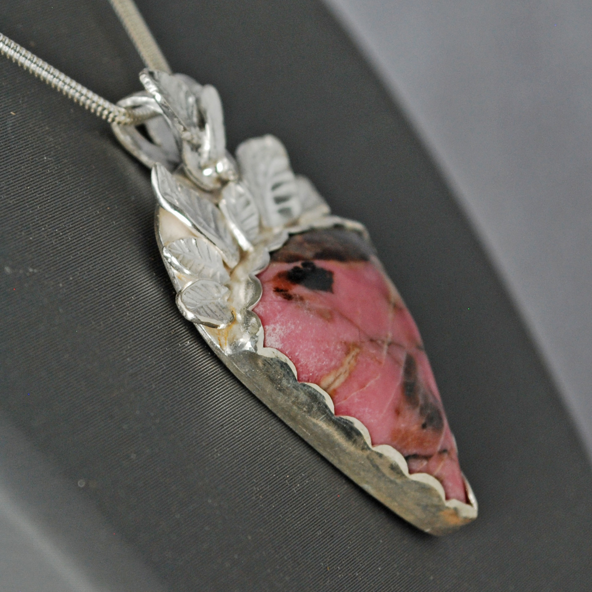 Pink Rhodonite Pendant with Silver Leaves