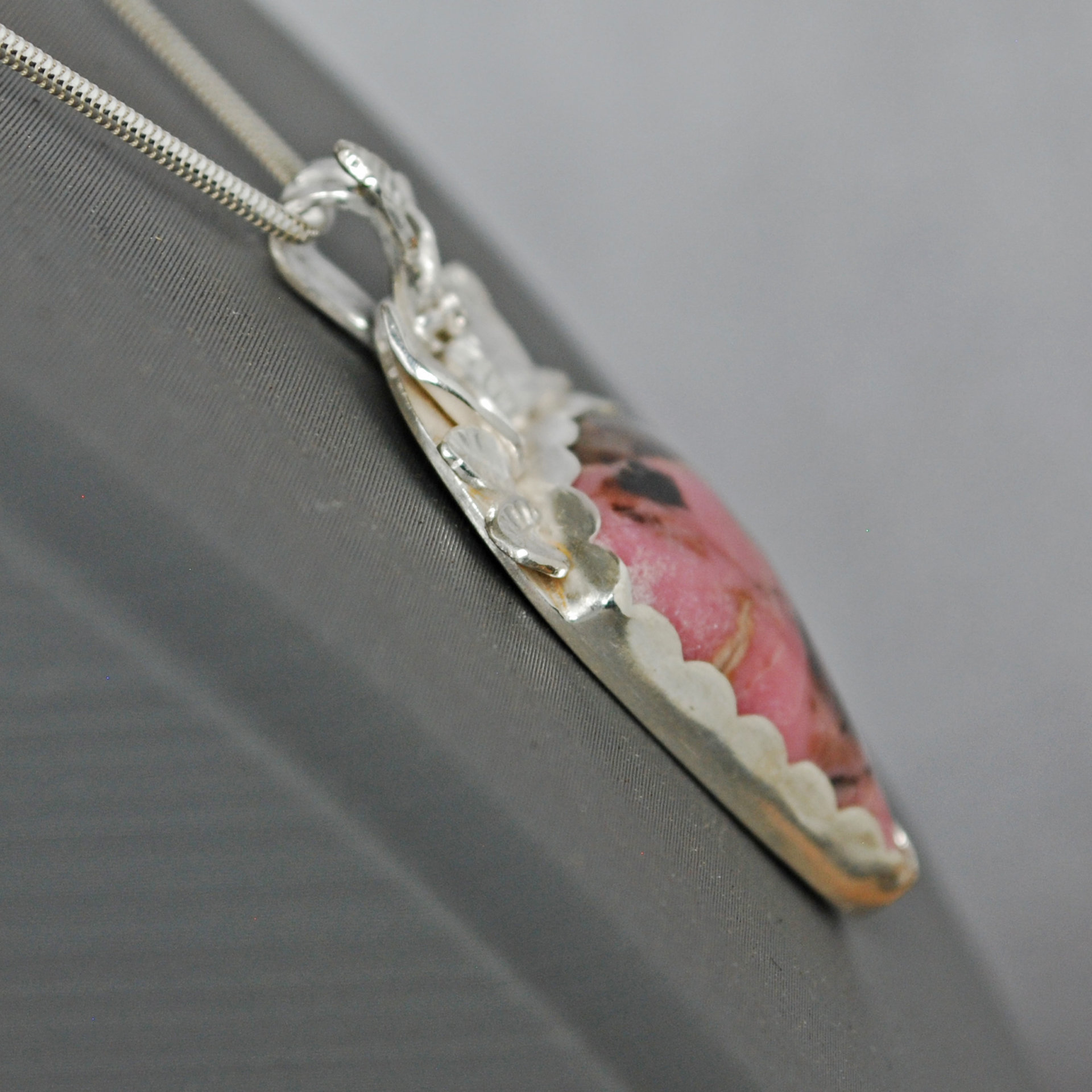 Pink Rhodonite Pendant with Silver Leaves