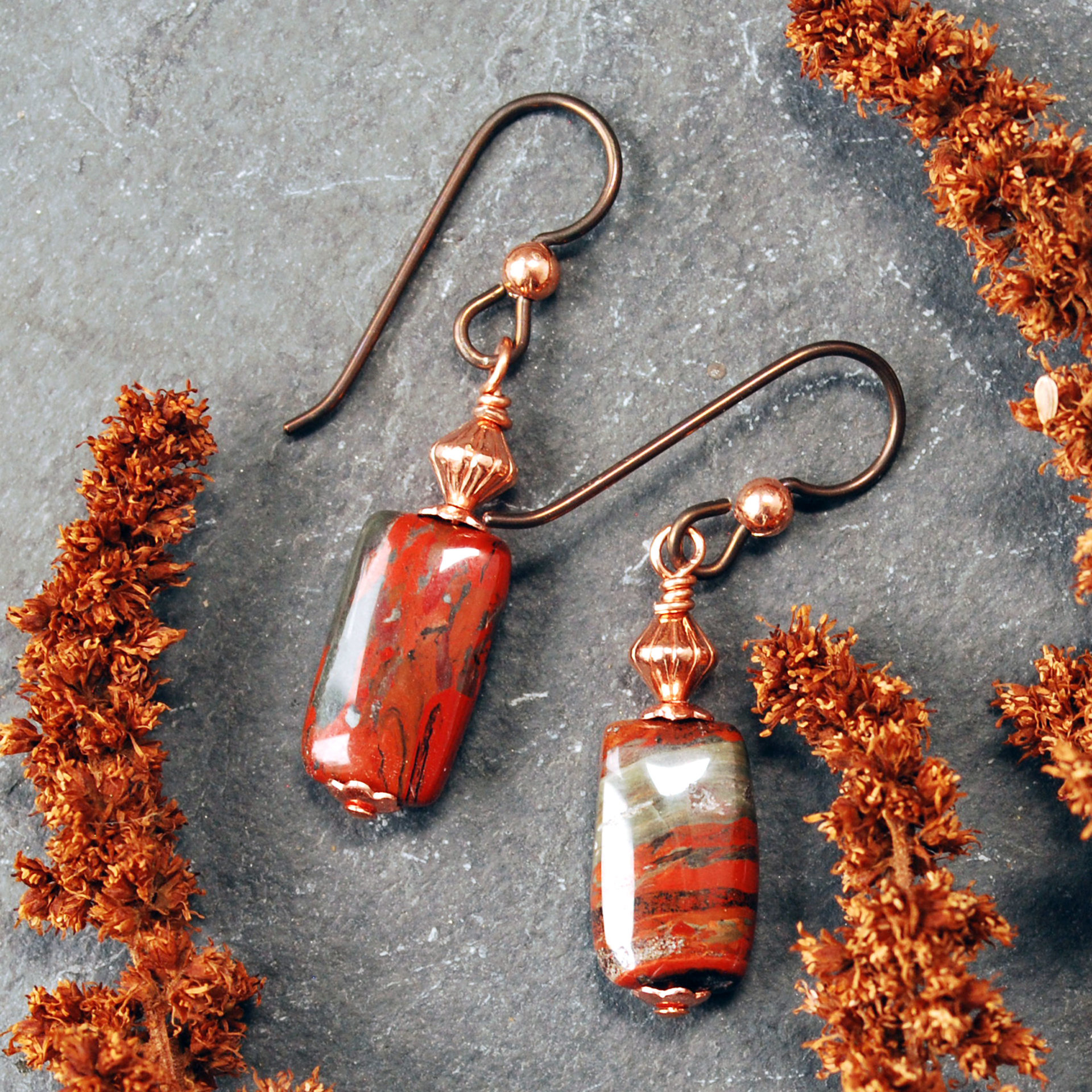 Dangling earrings with flame jasper and copper beads