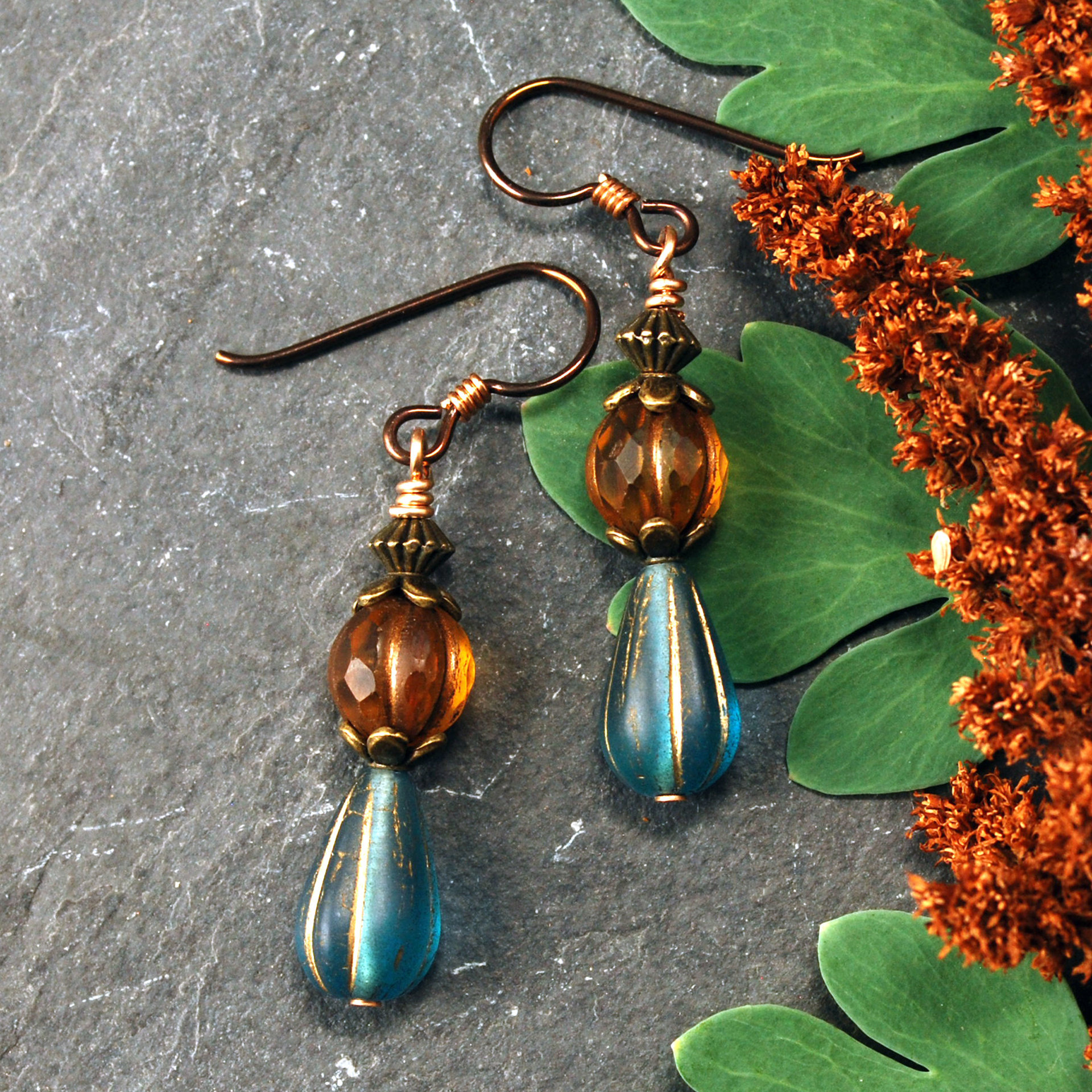 Dangling earrings with Czech Glass amber and blue beads