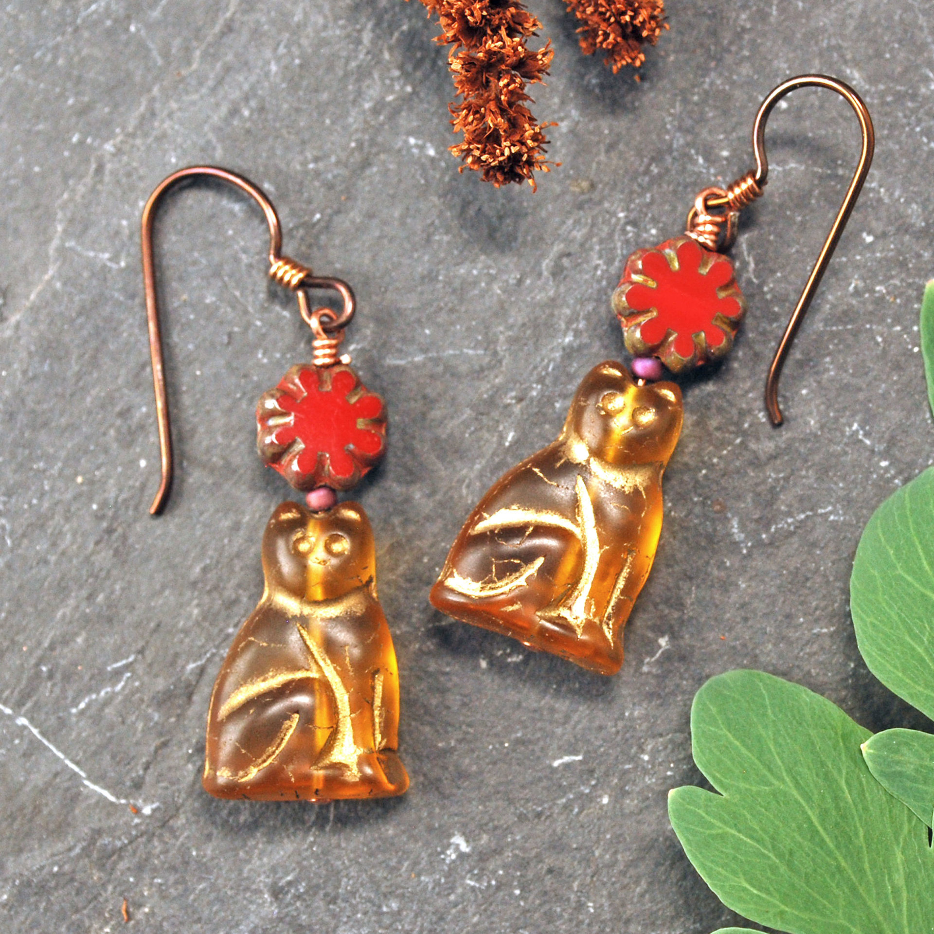 Czech Glass Cat Earrings with Red Flower