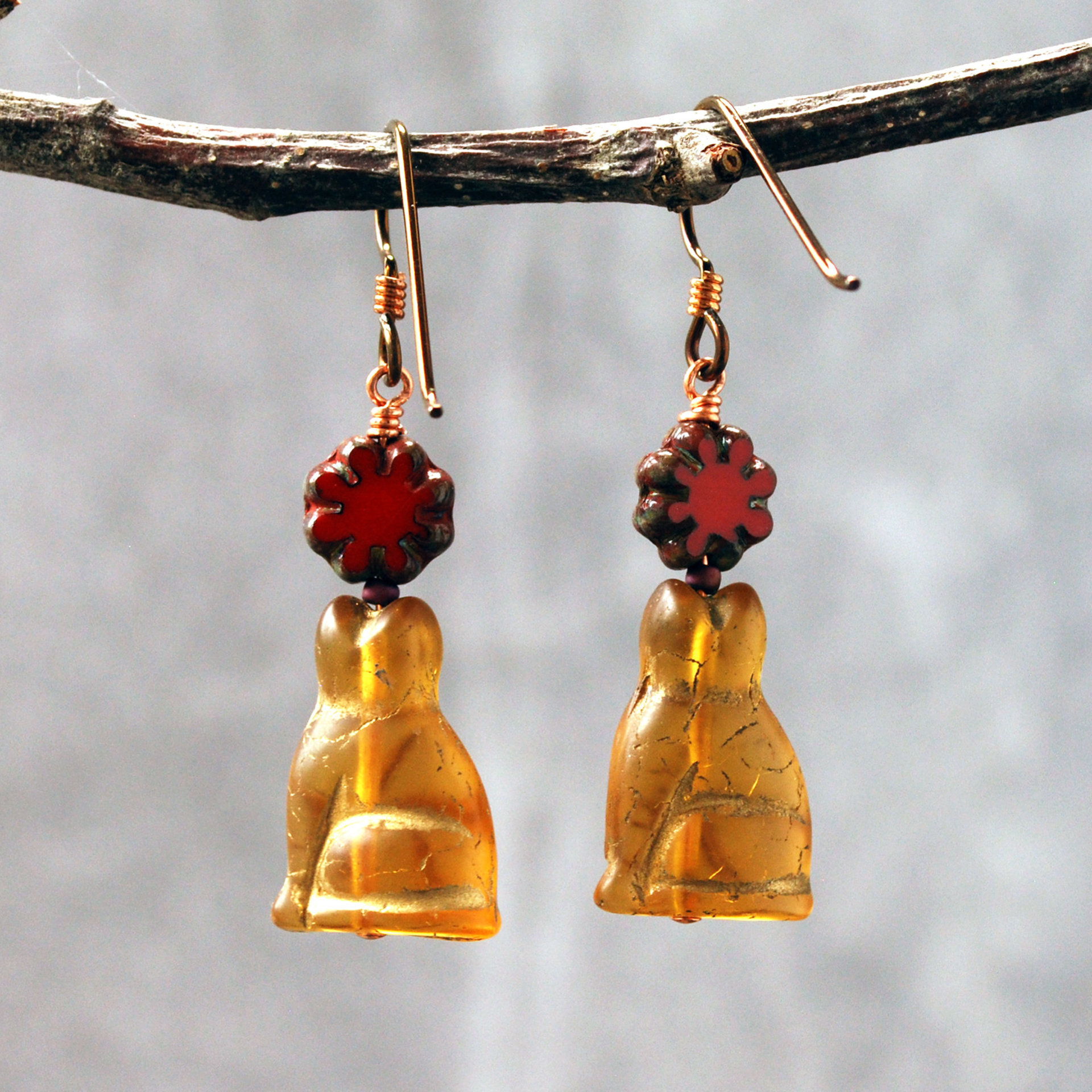 Czech Glass Cat Earrings with Red Flower