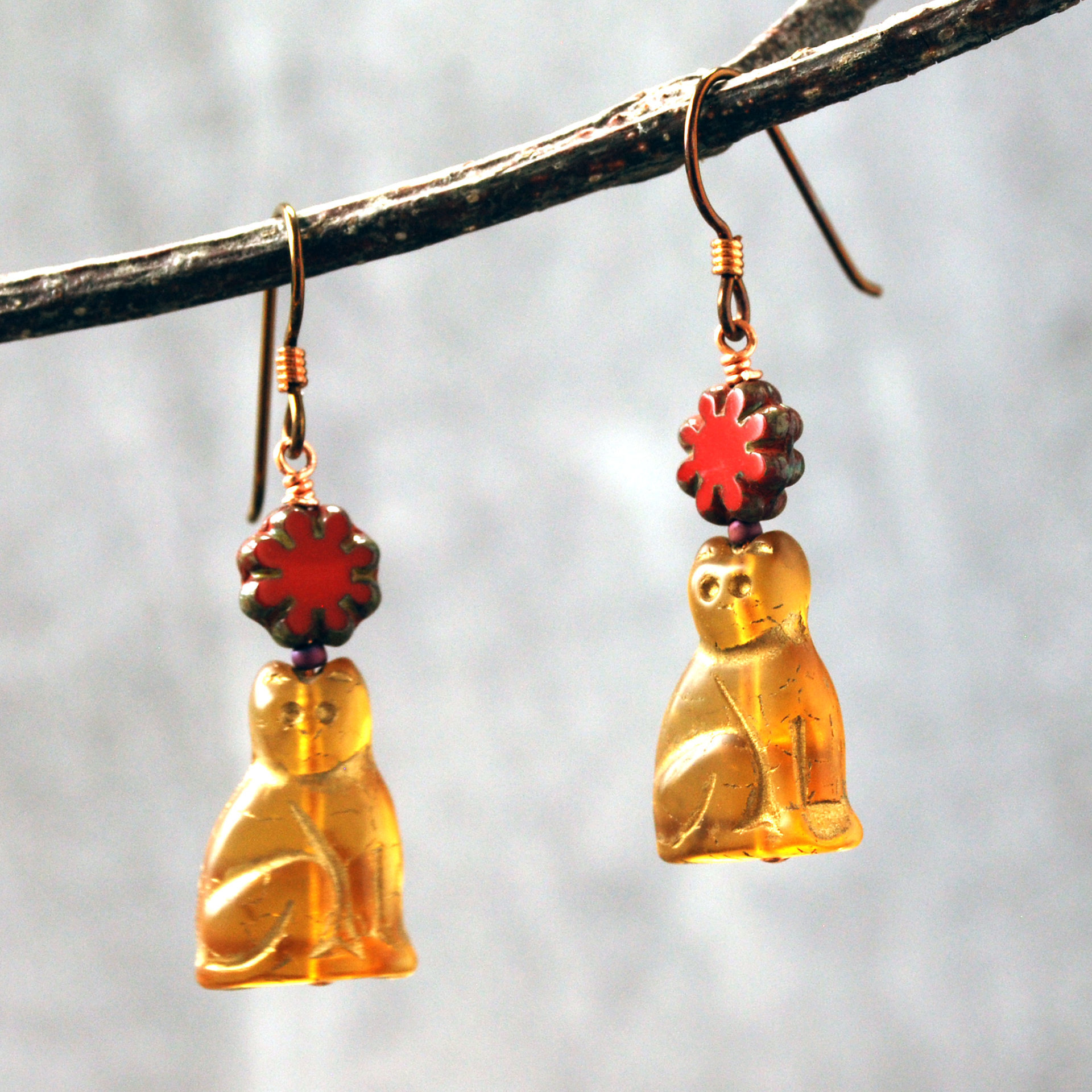 Czech Glass Cat Earrings with Red Flower