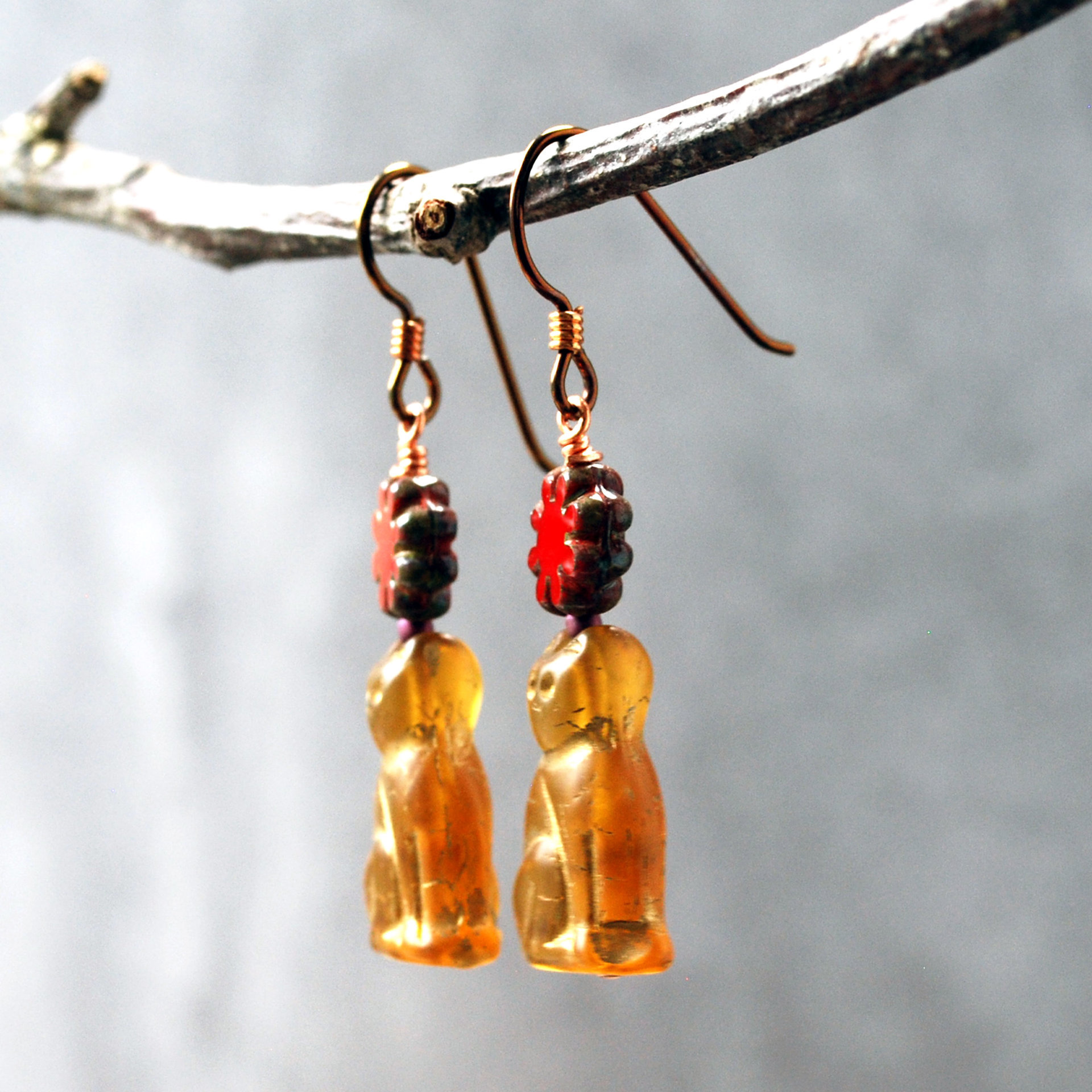 Czech Glass Cat Earrings with Red Flower