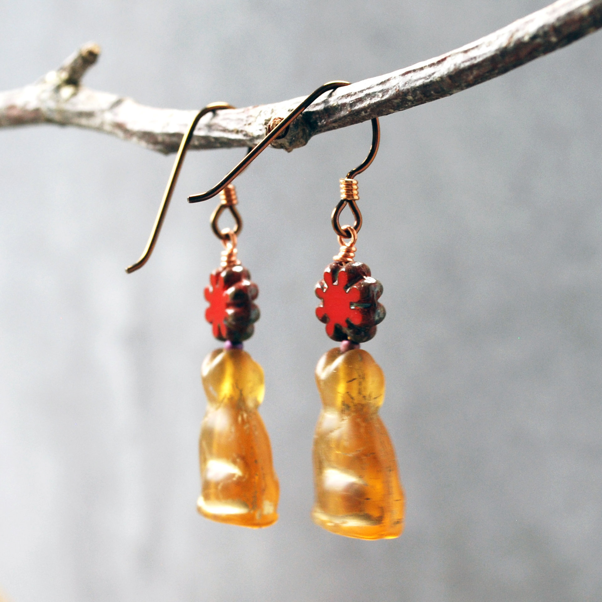 Czech Glass Cat Earrings with Red Flower