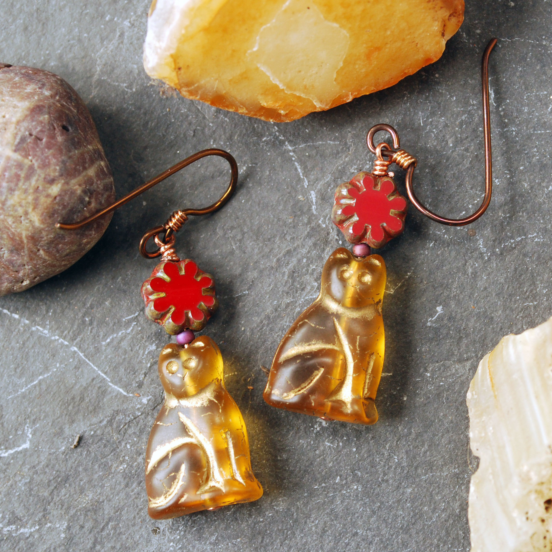 Czech Glass Cat Earrings with Red Flower