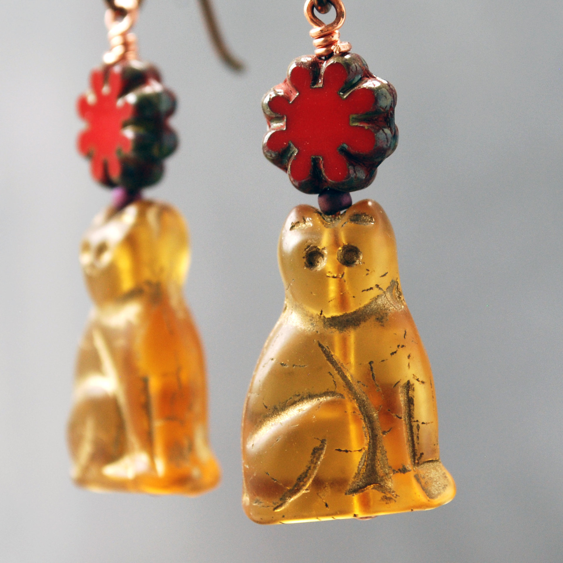 Czech Glass Cat Earrings with Red Flower