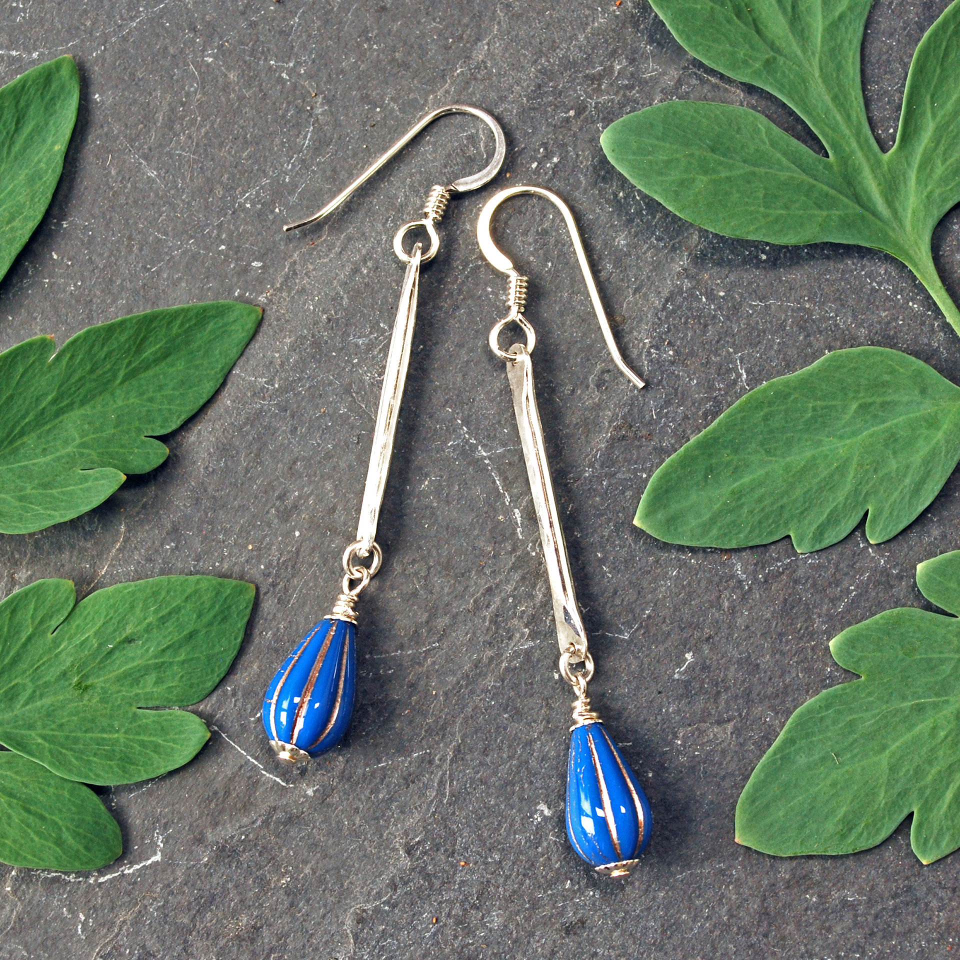 Silver Dangle Earrings with Blue Czech Glass