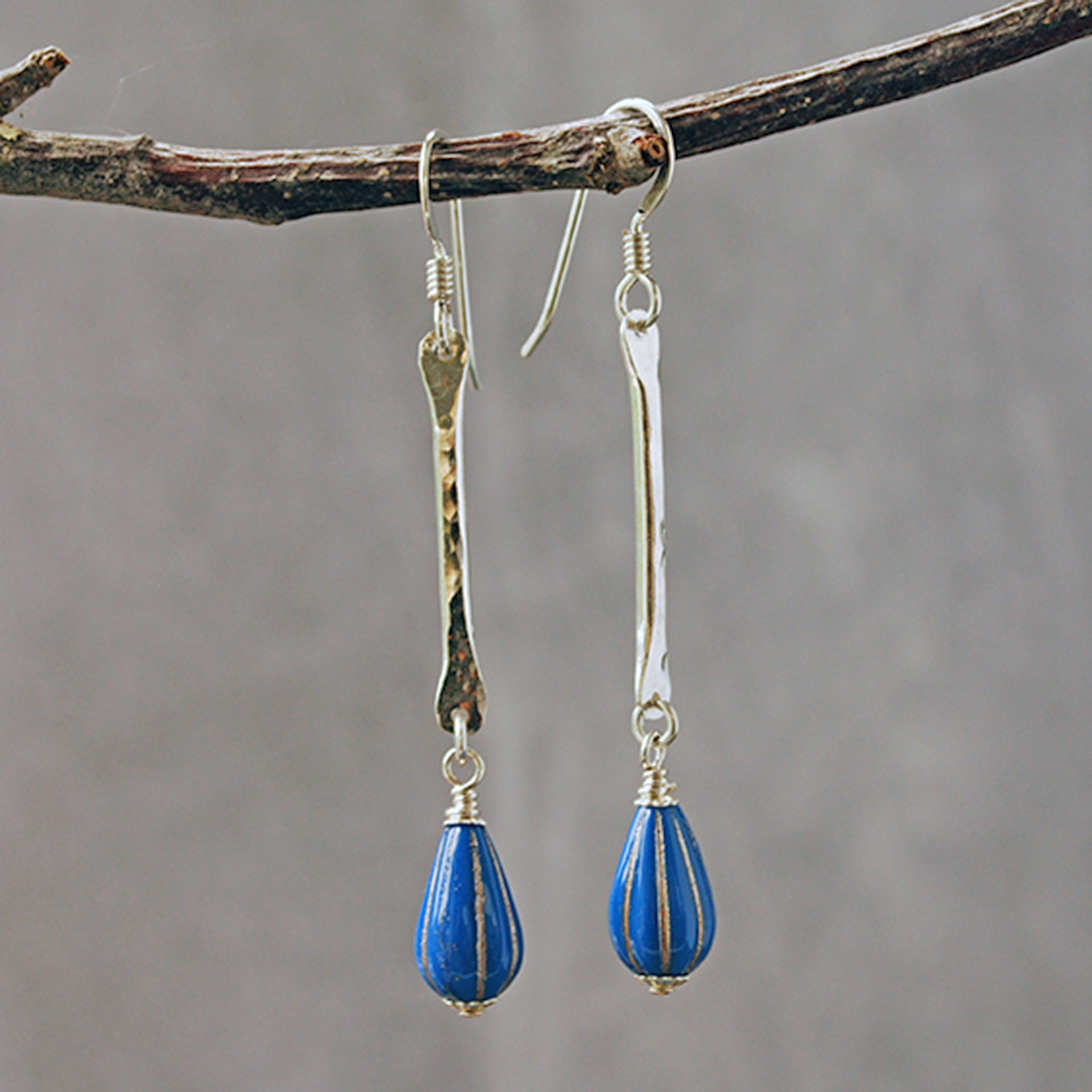 Silver Dangle Earrings with Blue Czech Glass