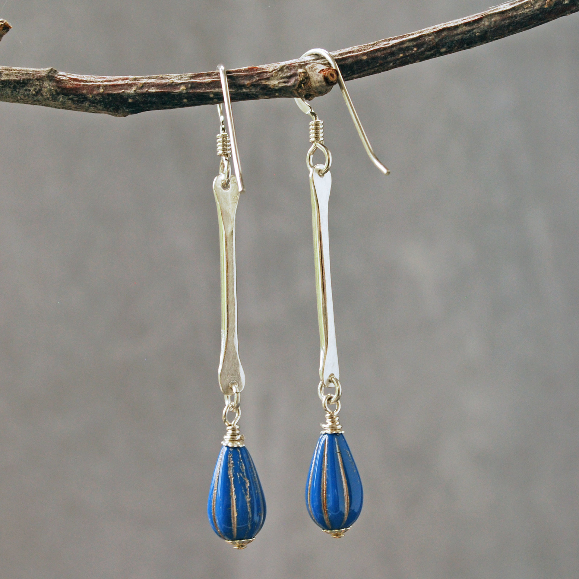 Silver Dangle Earrings with Blue Czech Glass