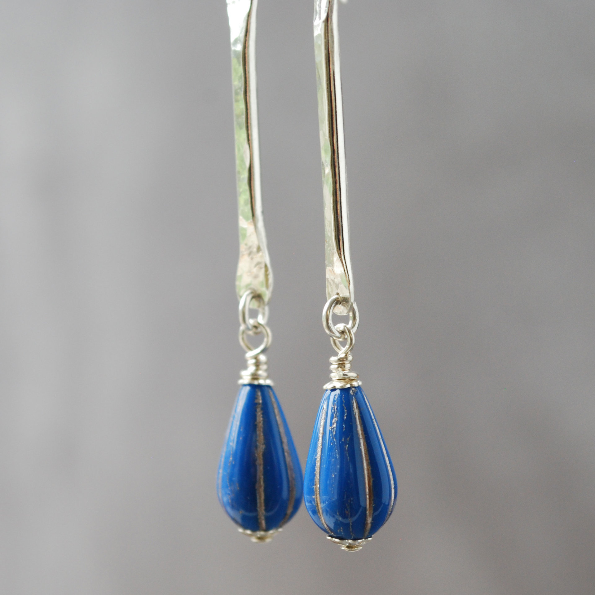 Silver Dangle Earrings with Blue Czech Glass