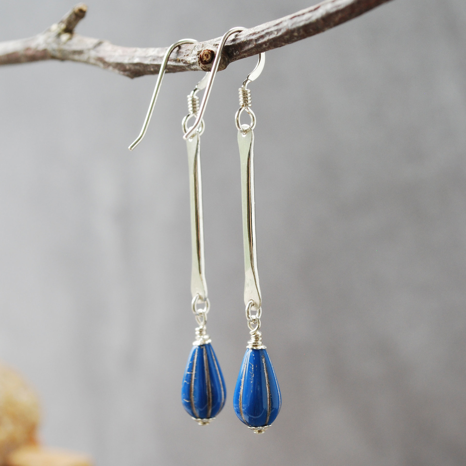 Silver Dangle Earrings with Blue Czech Glass
