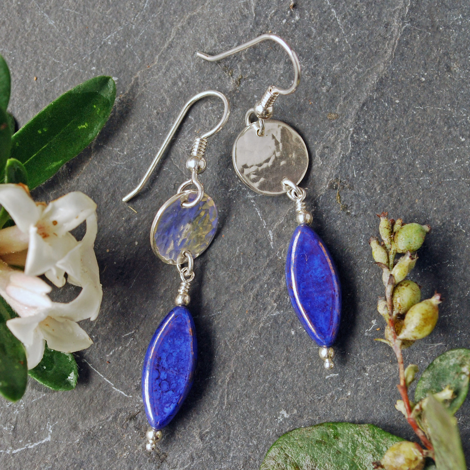 Sterling Silver Earrings with Blue Czech Glass