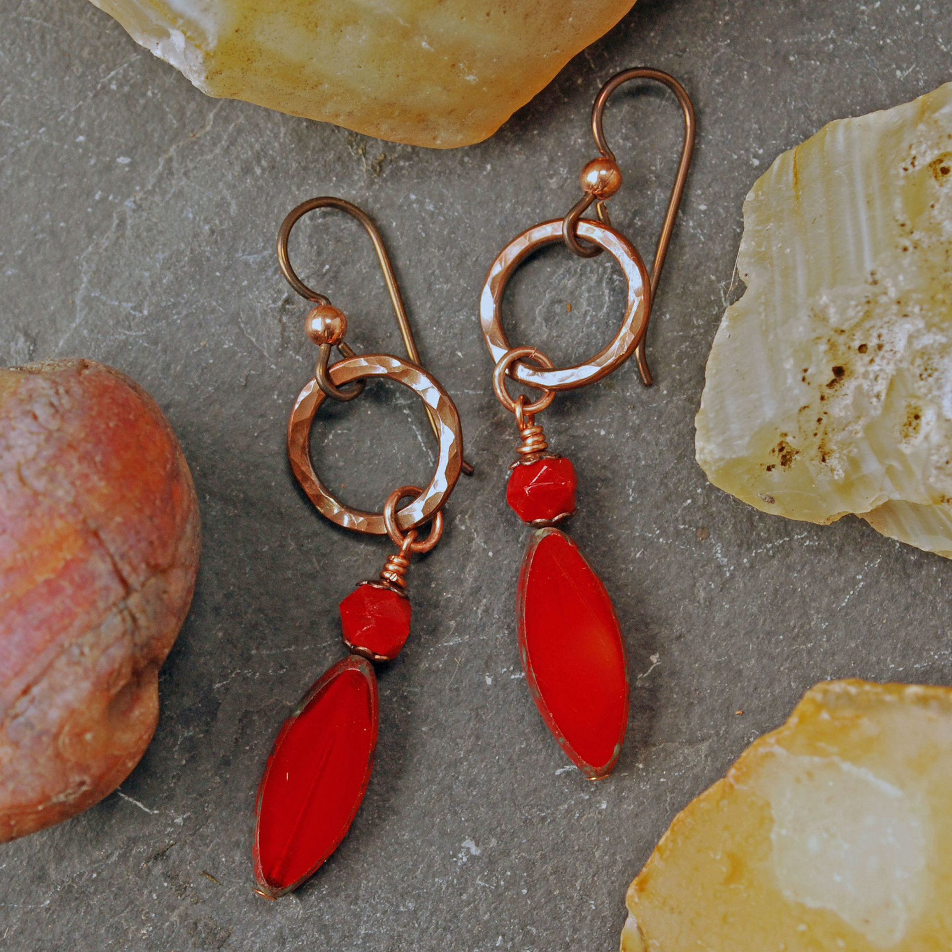 Hammered Copper Earrings, Red Czech Glass Dangles
