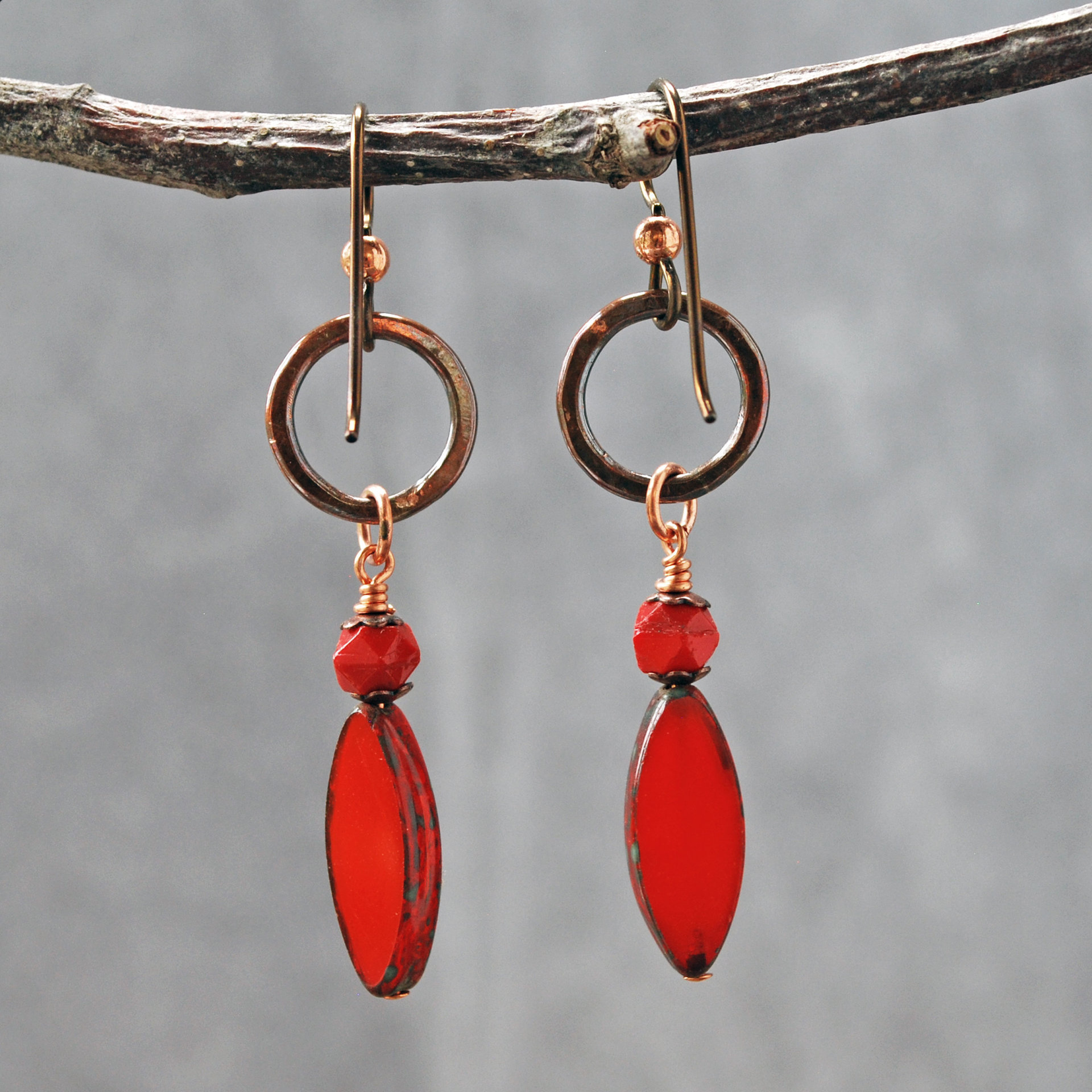 Hammered Copper Earrings, Red Czech Glass Dangles