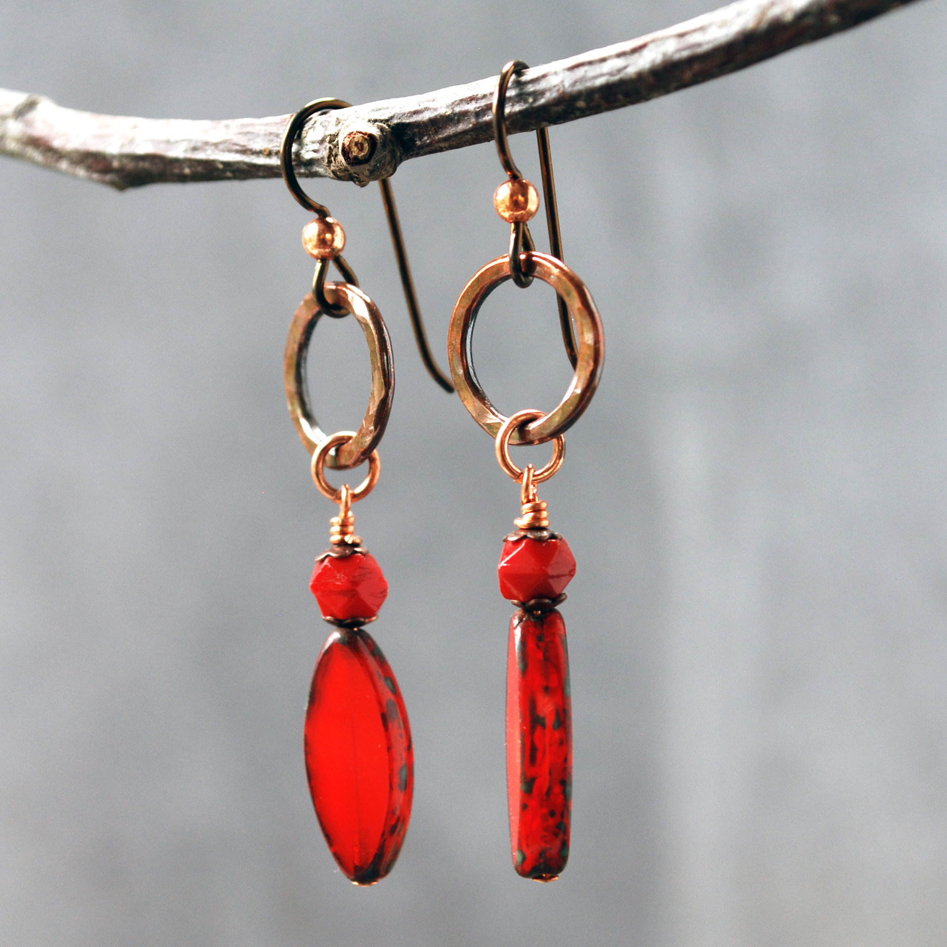 Hammered Copper Earrings, Red Czech Glass Dangles
