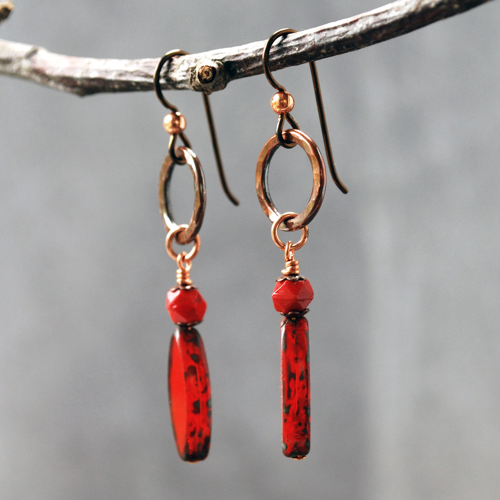 Hammered Copper Earrings, Red Czech Glass Dangles
