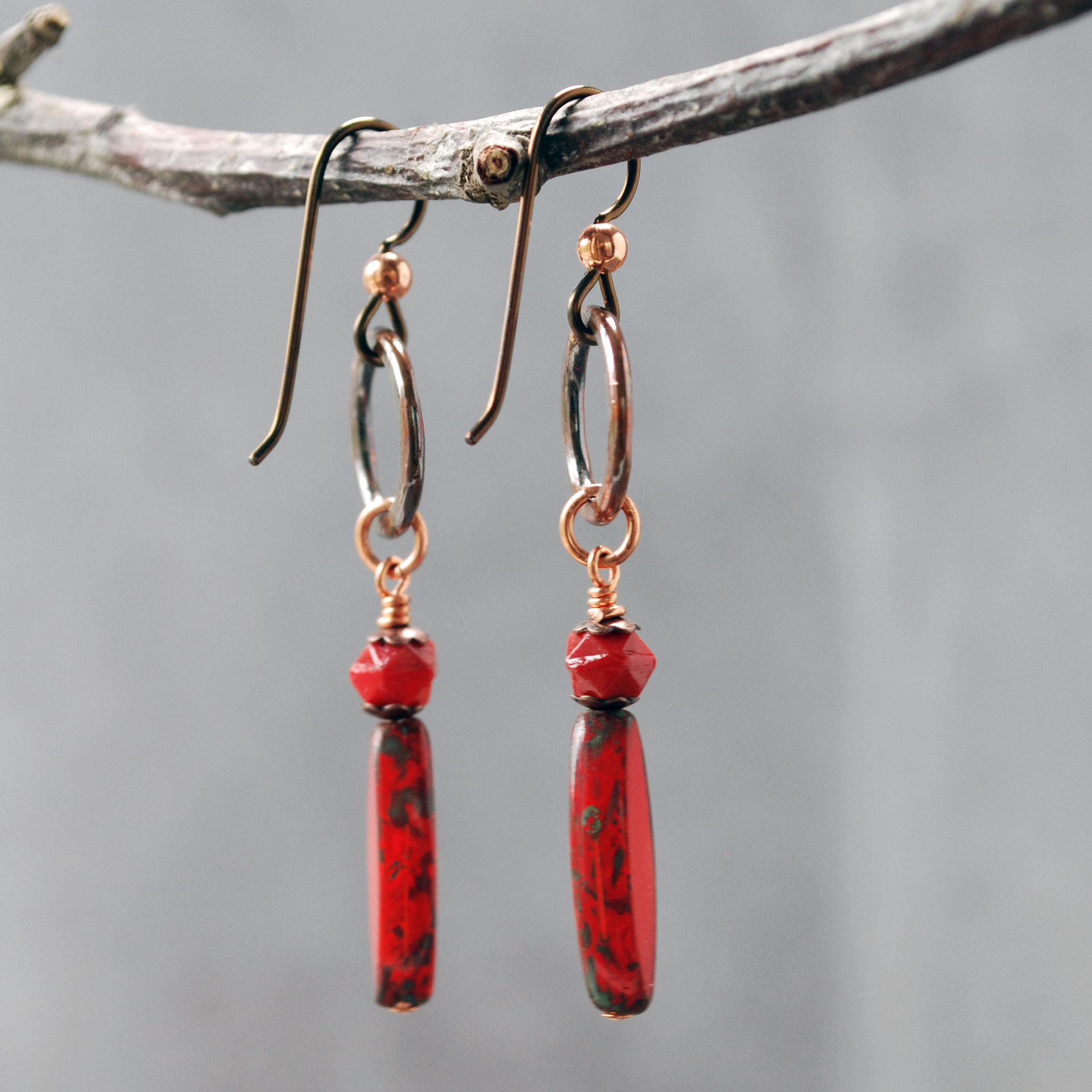 Hammered Copper Earrings, Red Czech Glass Dangles
