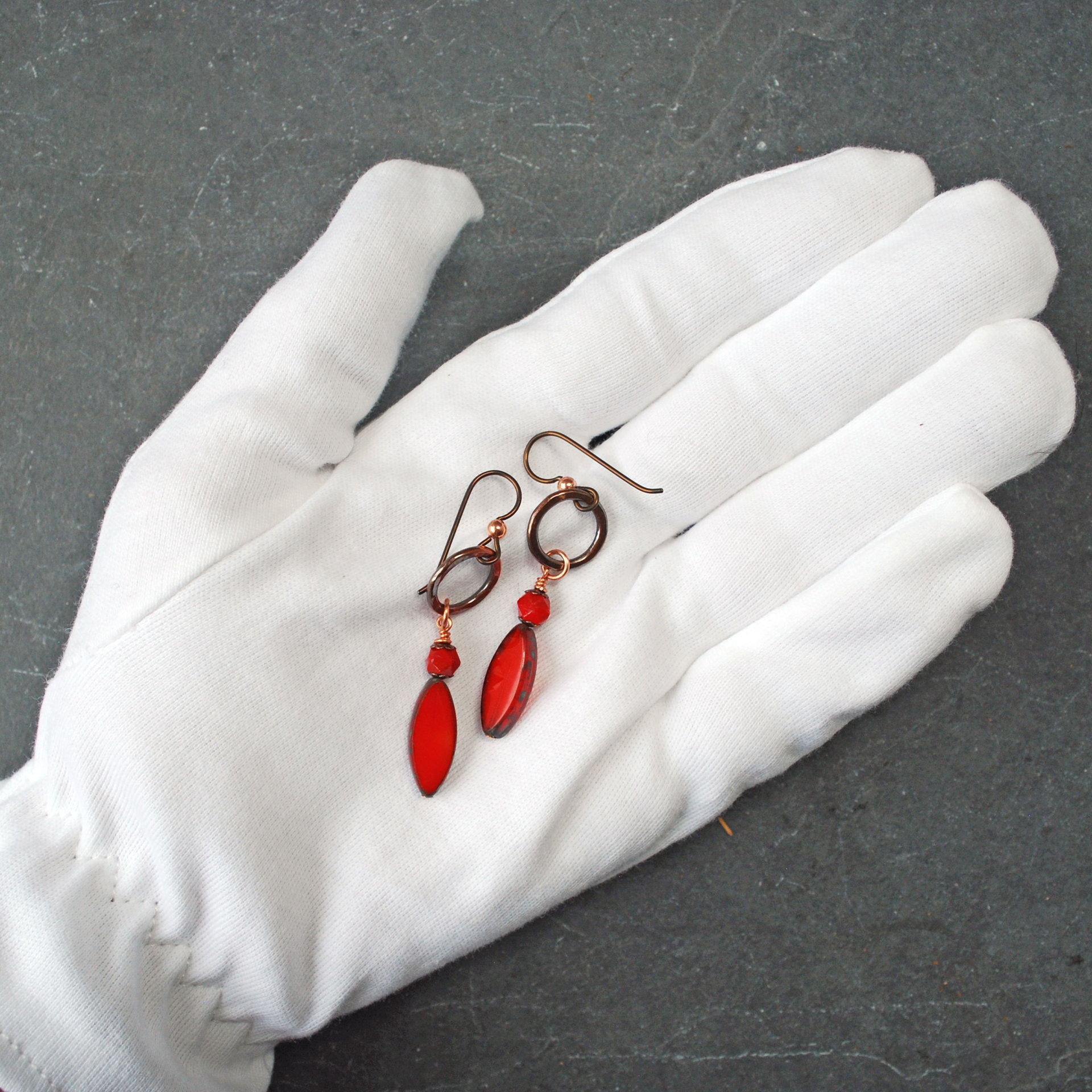 Hammered Copper Earrings, Red Czech Glass Dangles