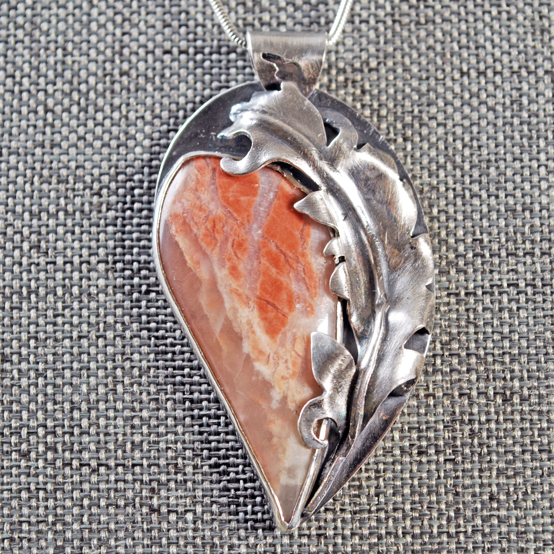 Flamingo Agate Pendant with Silver Feather