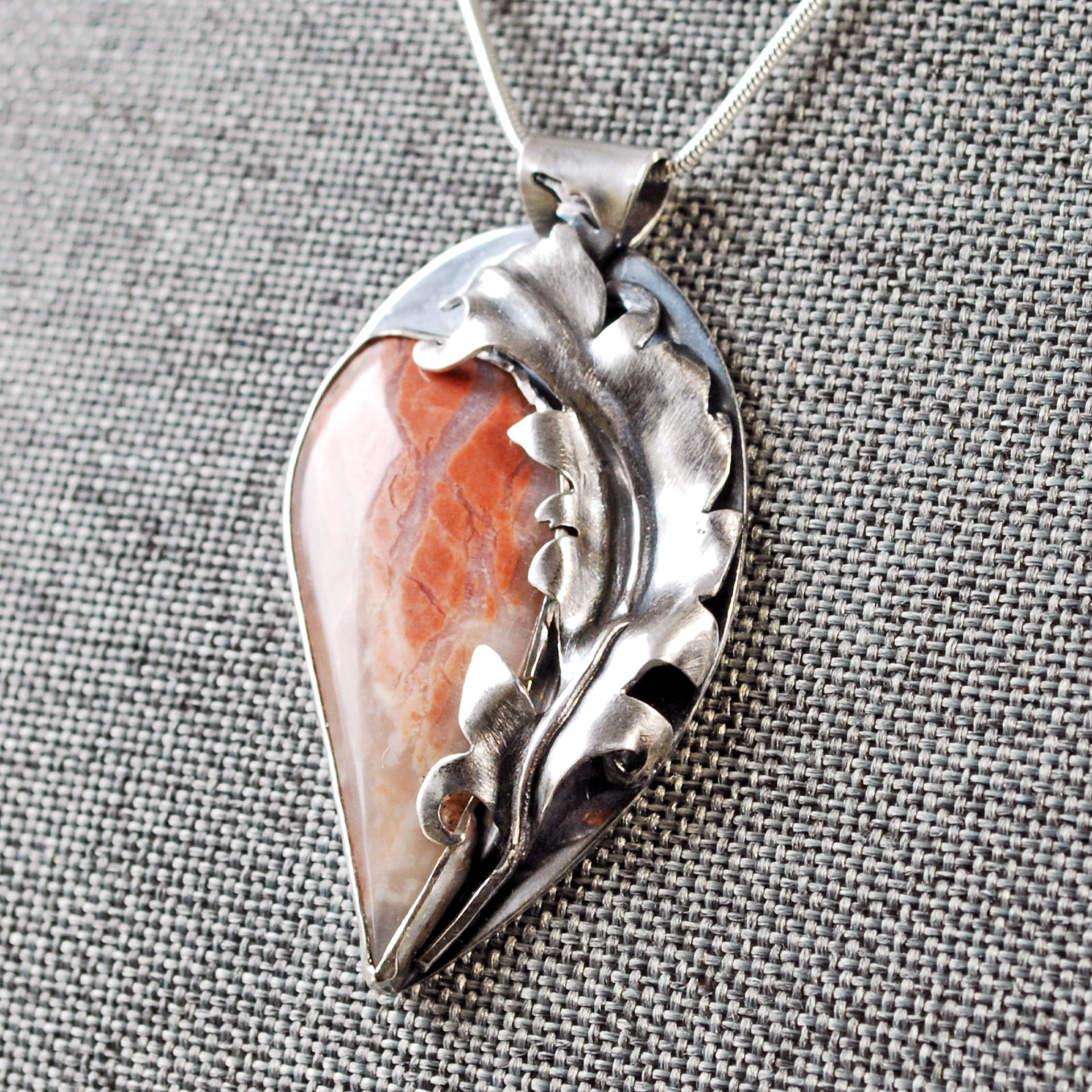 Flamingo Agate Pendant with Silver Feather