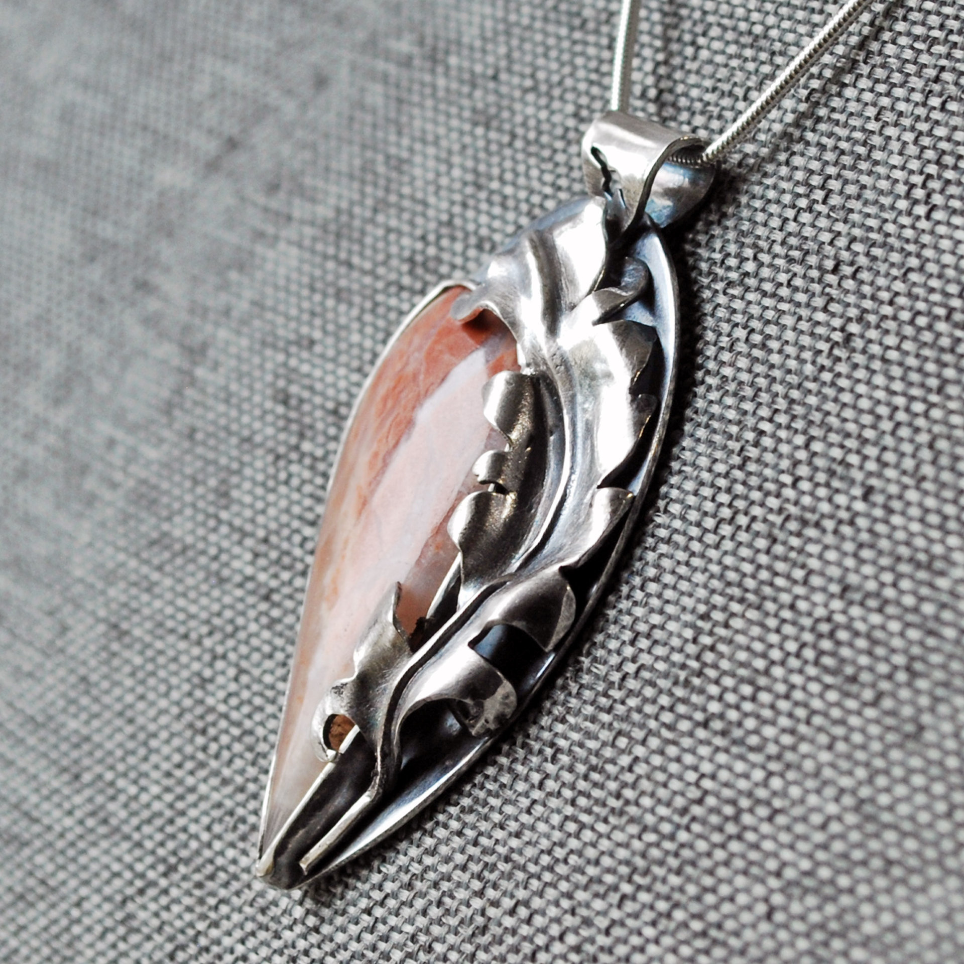 Flamingo Agate Pendant with Silver Feather