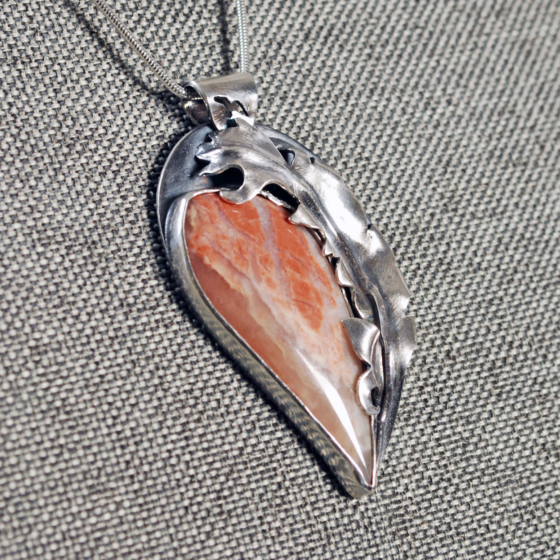 Flamingo Agate Pendant with Silver Feather