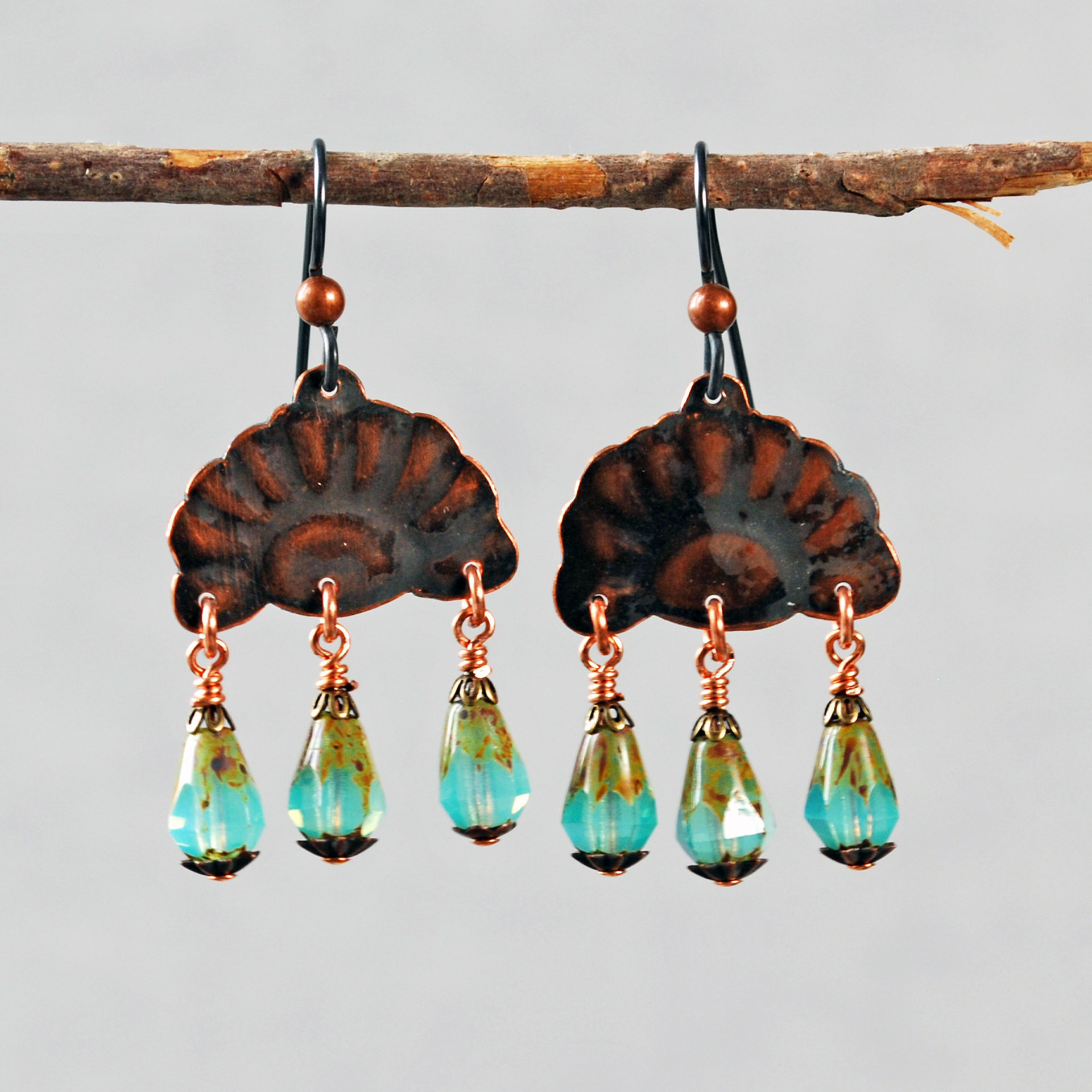 Copper Rising Sun Earrings, Czech Glass Dangles