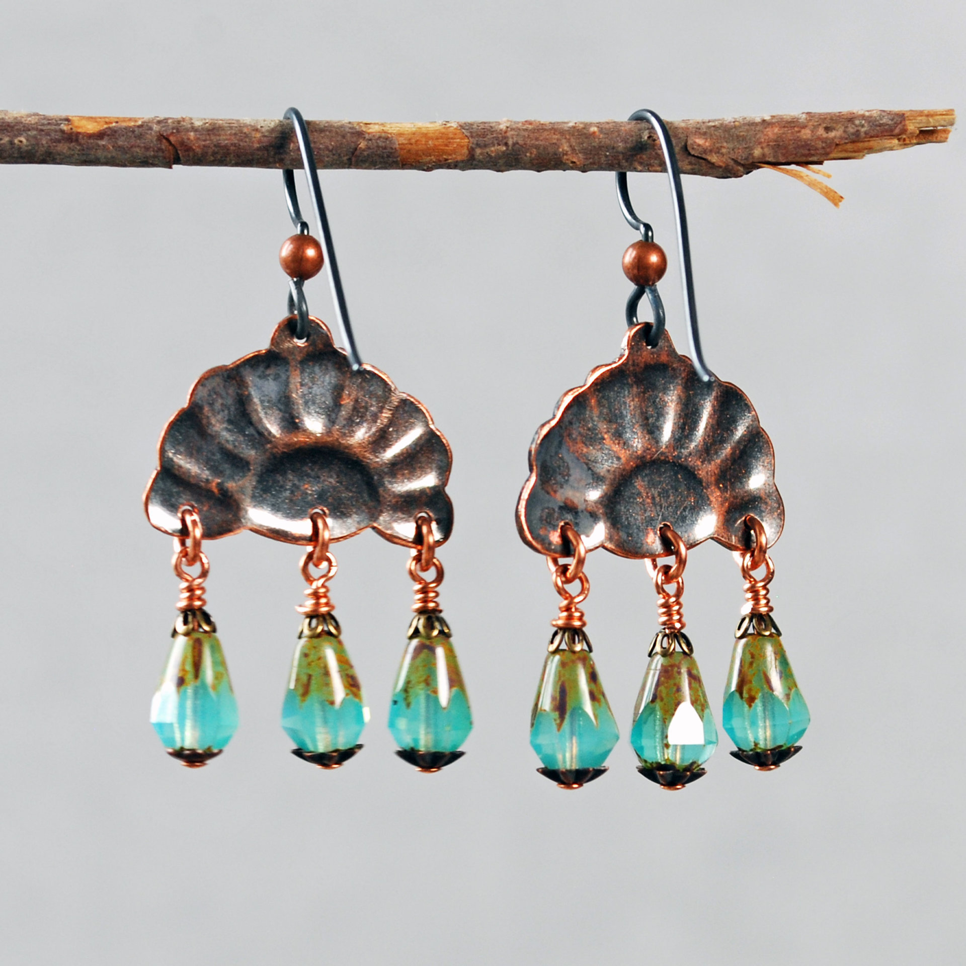 Copper Rising Sun Earrings, Czech Glass Dangles