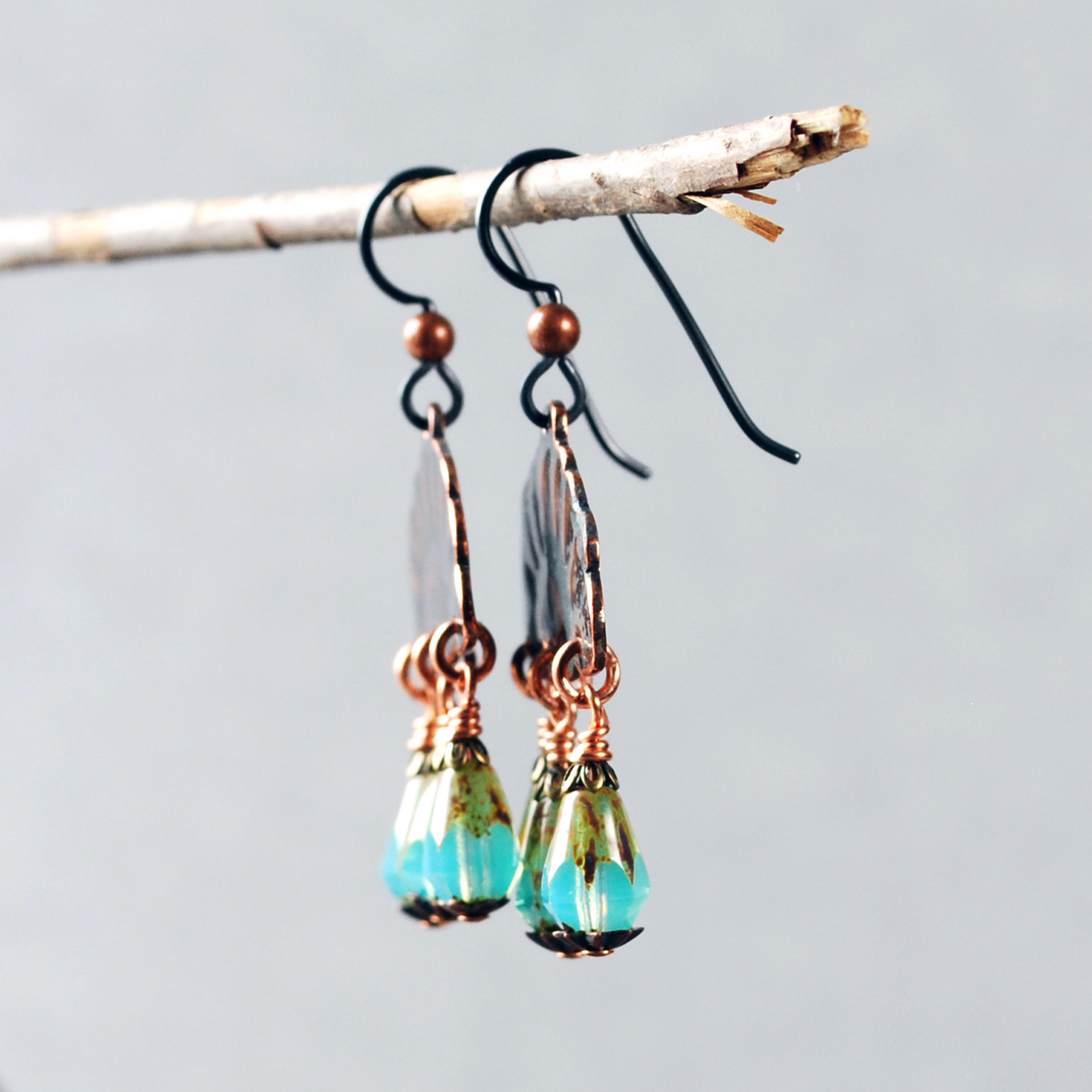 Copper Rising Sun Earrings, Czech Glass Dangles