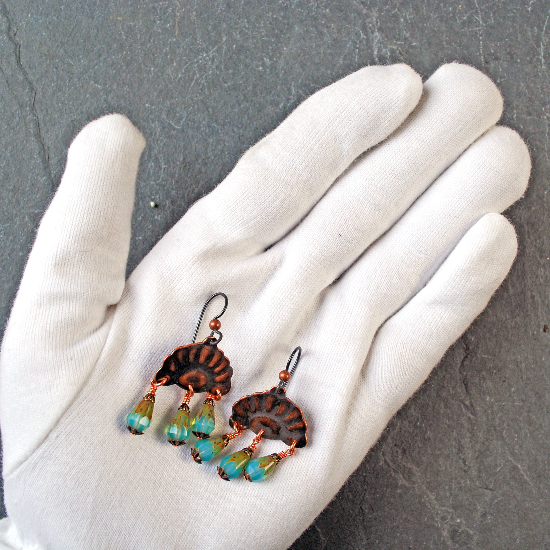 Copper Rising Sun Earrings, Czech Glass Dangles