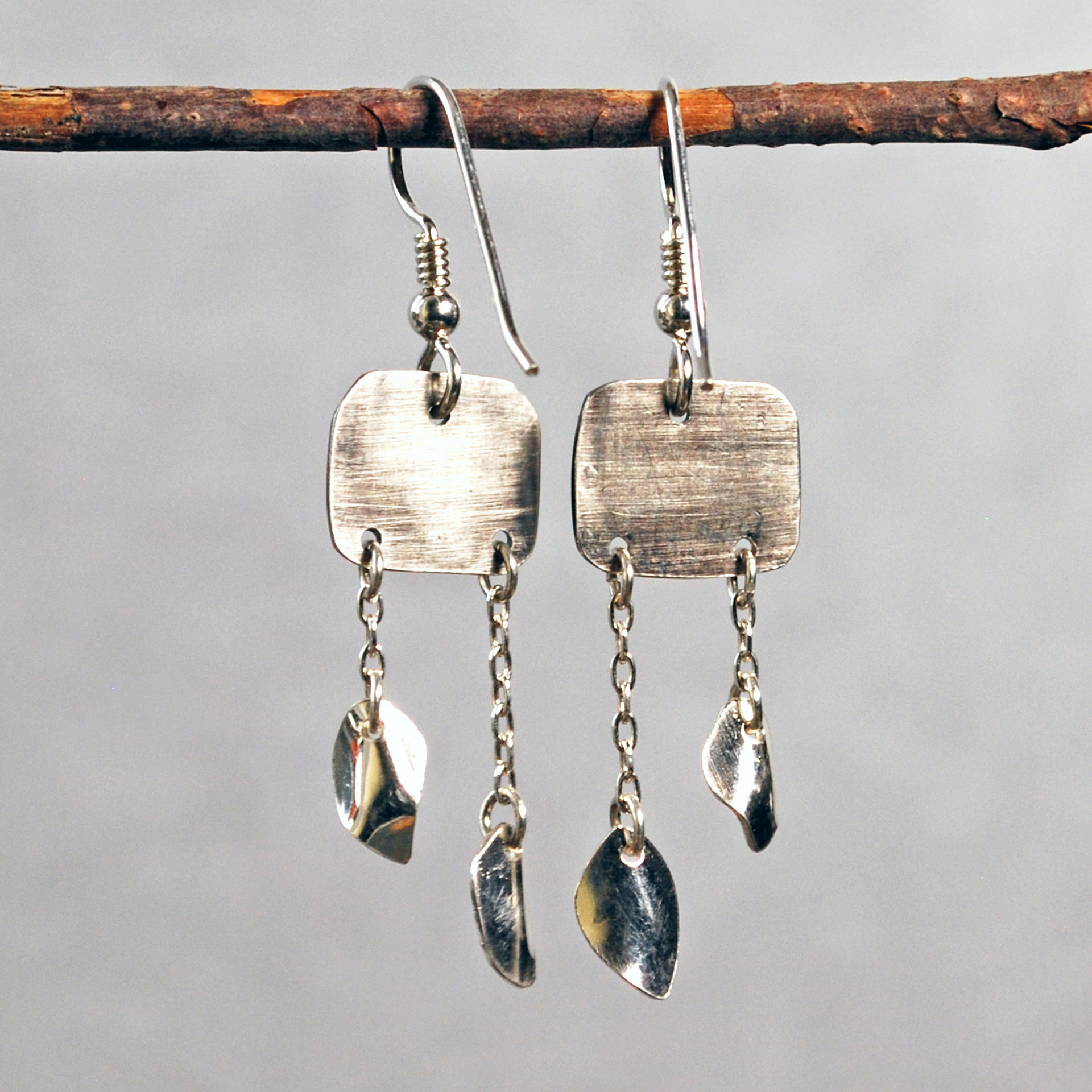 Silver Earrings, with Leave Dangles, Silver Leaves