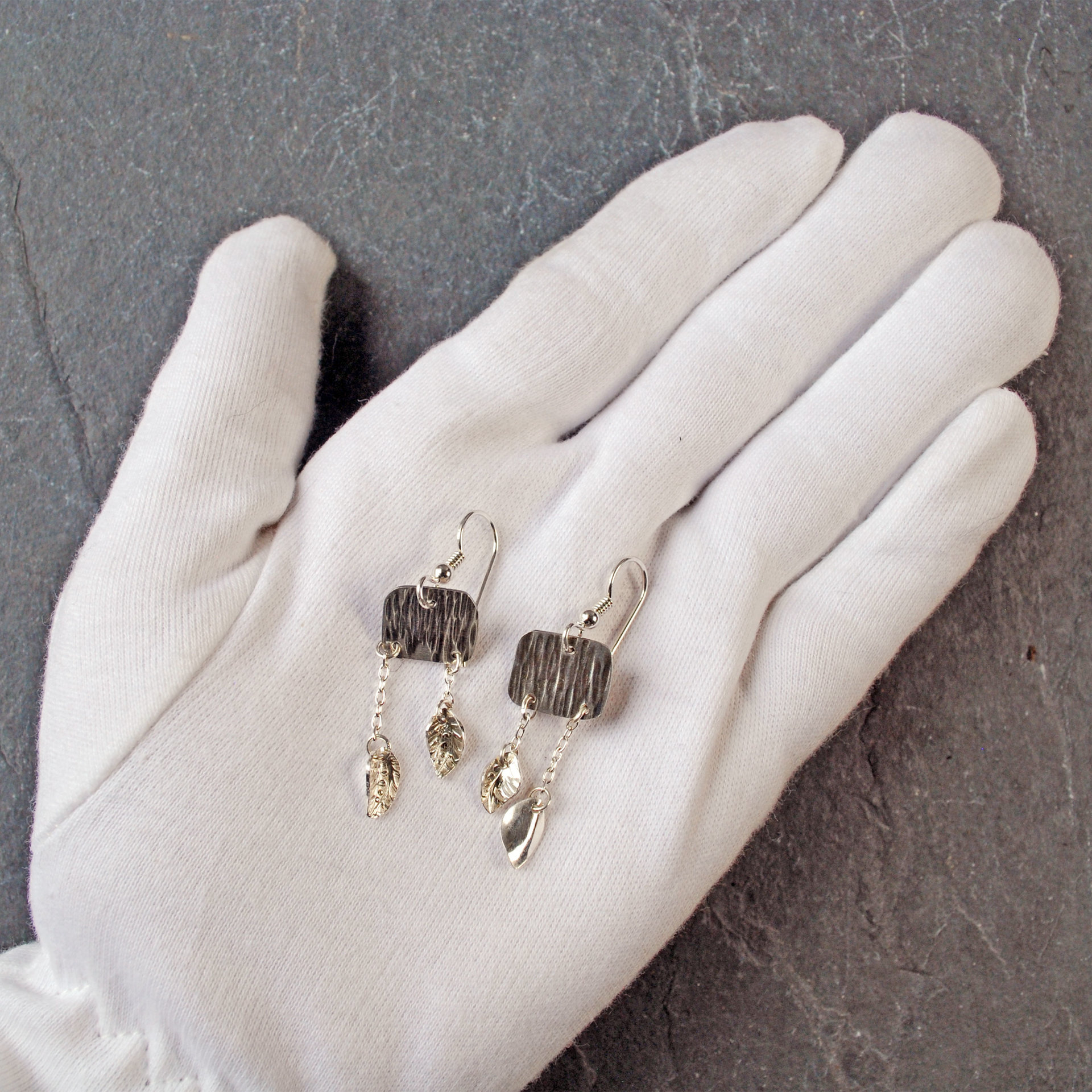 Silver Earrings, with Leave Dangles, Silver Leaves