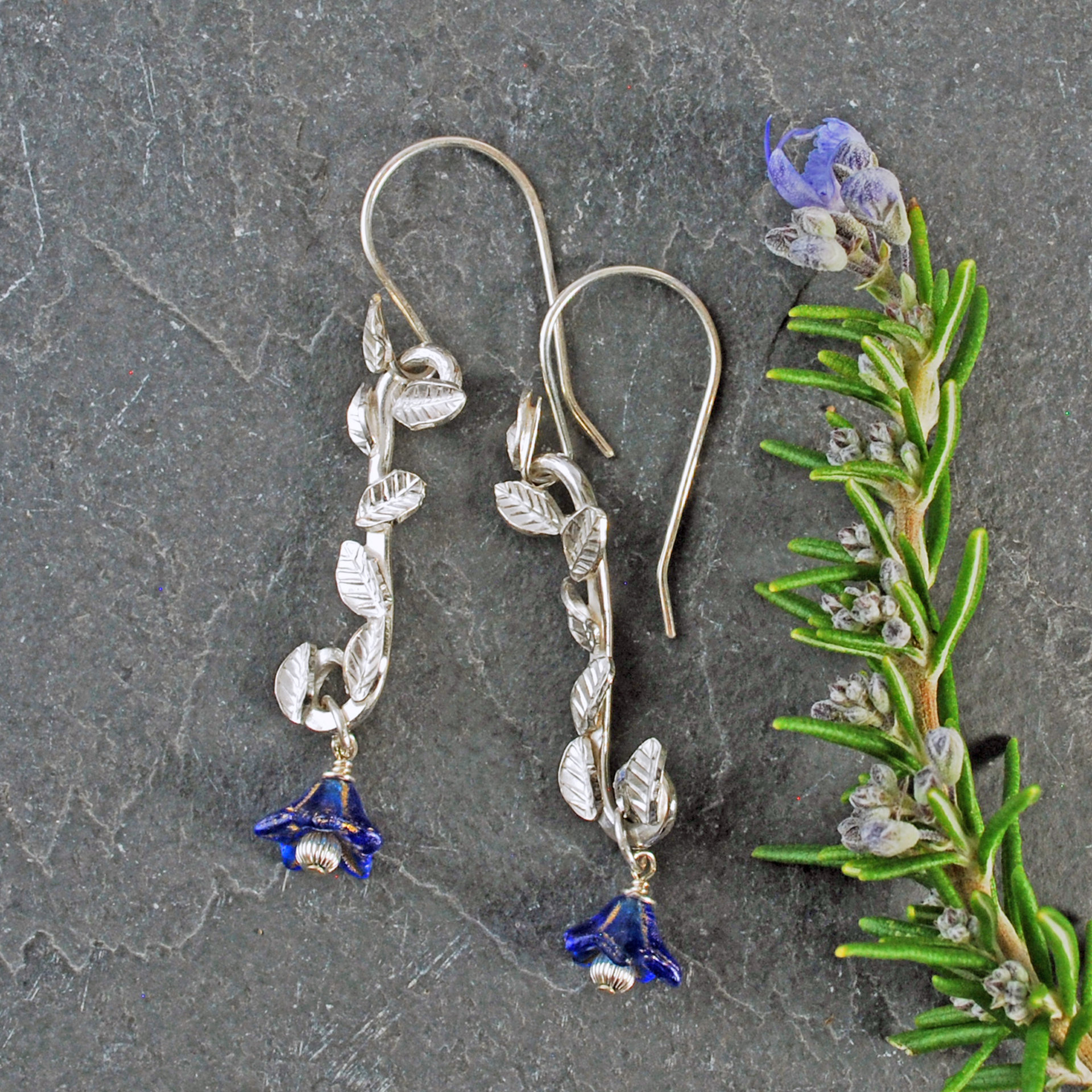 Long Silver Earrings with Leaves, Blue Czech Glass Flowers