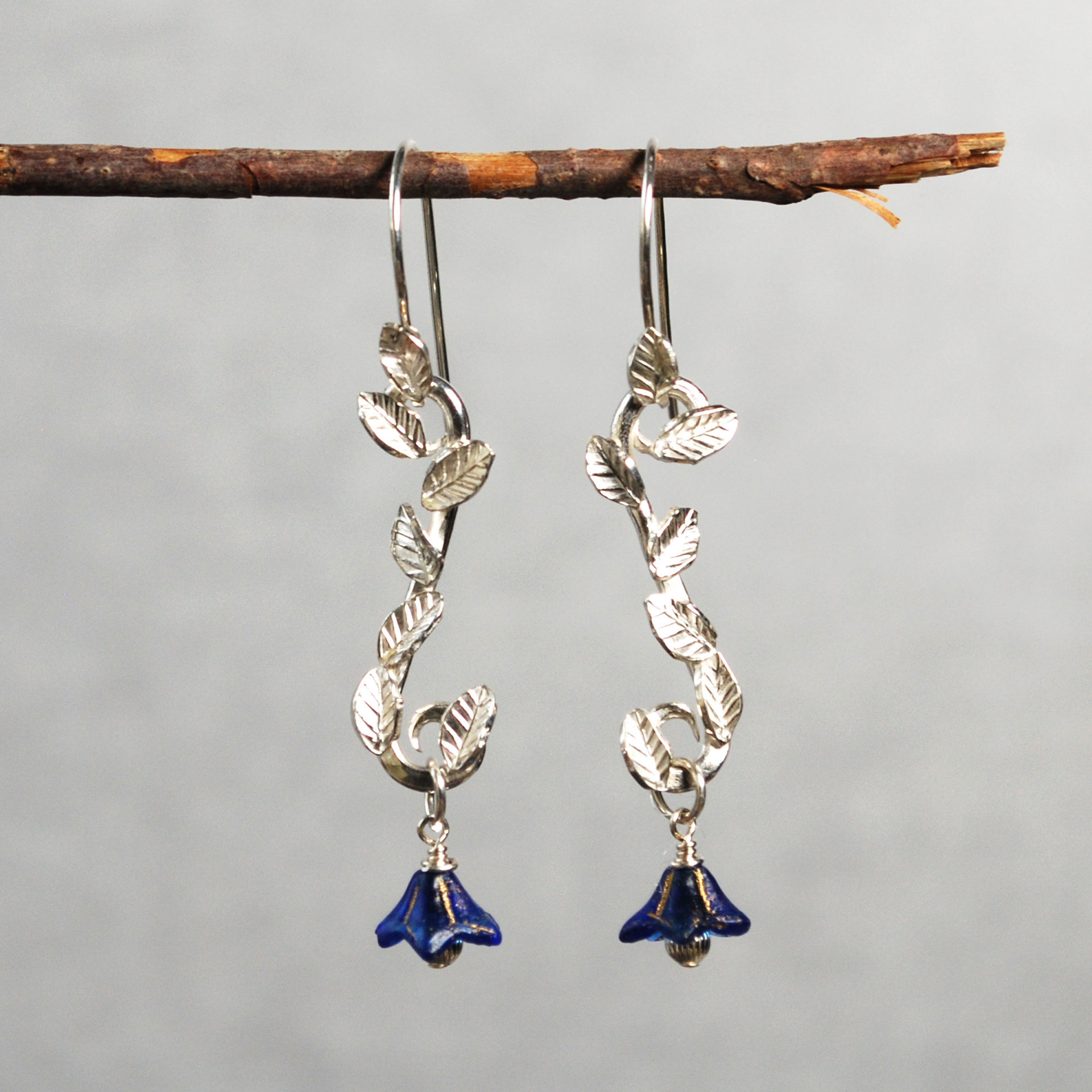 Long Silver Earrings with Leaves, Blue Czech Glass Flowers