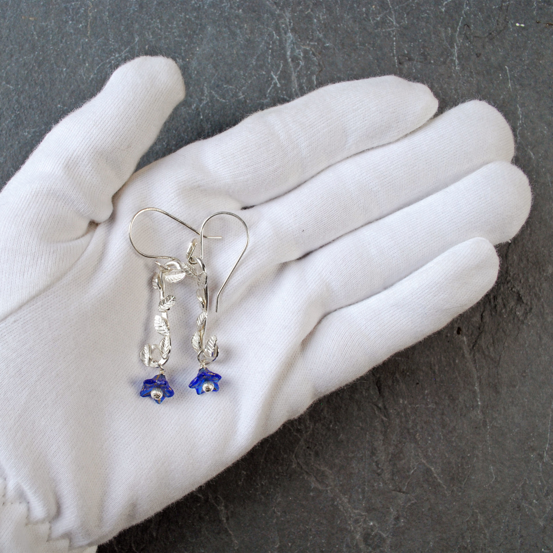 Long Silver Earrings with Leaves, Blue Czech Glass Flowers