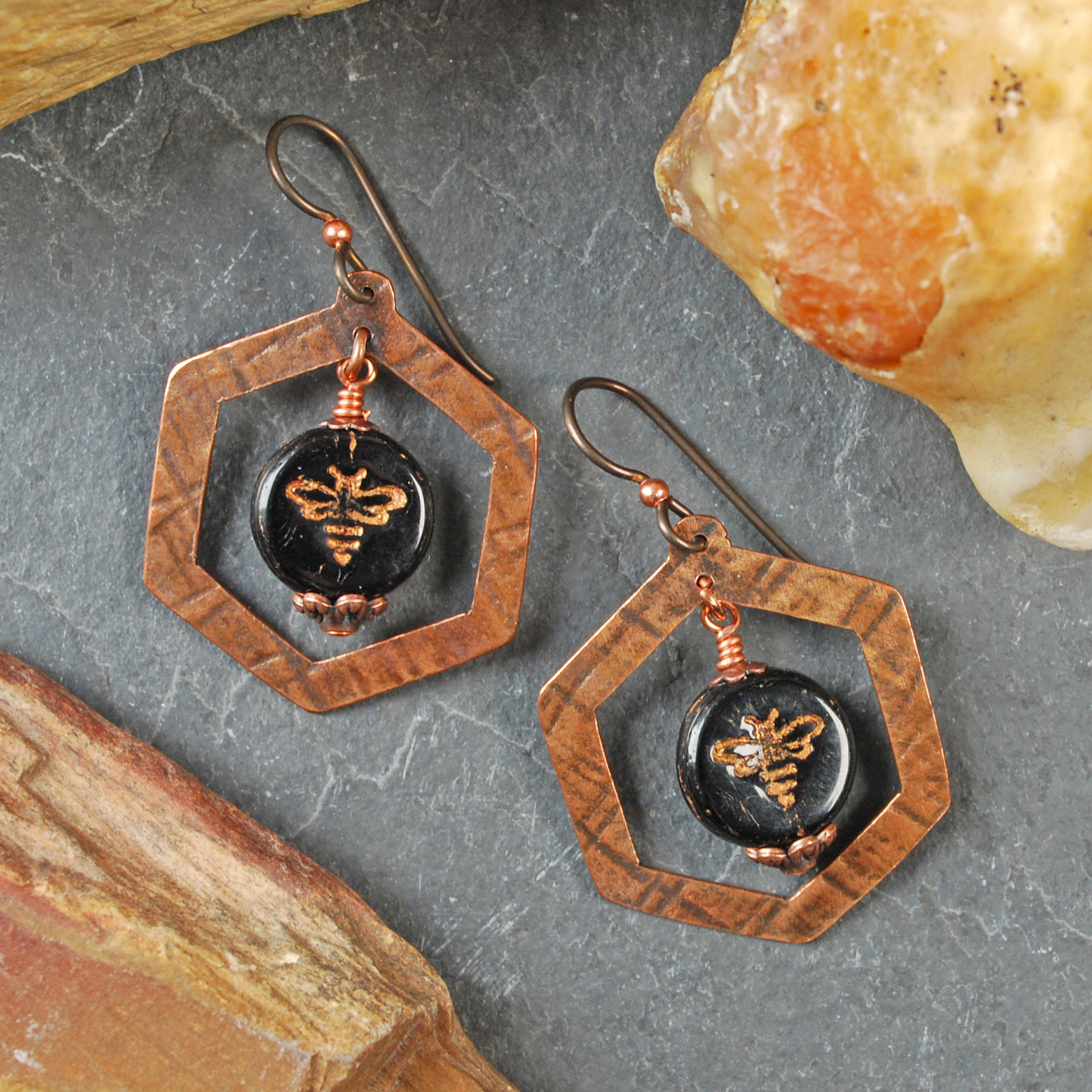Copper Honeycomb Earrings, Czech Glass Bee Bead